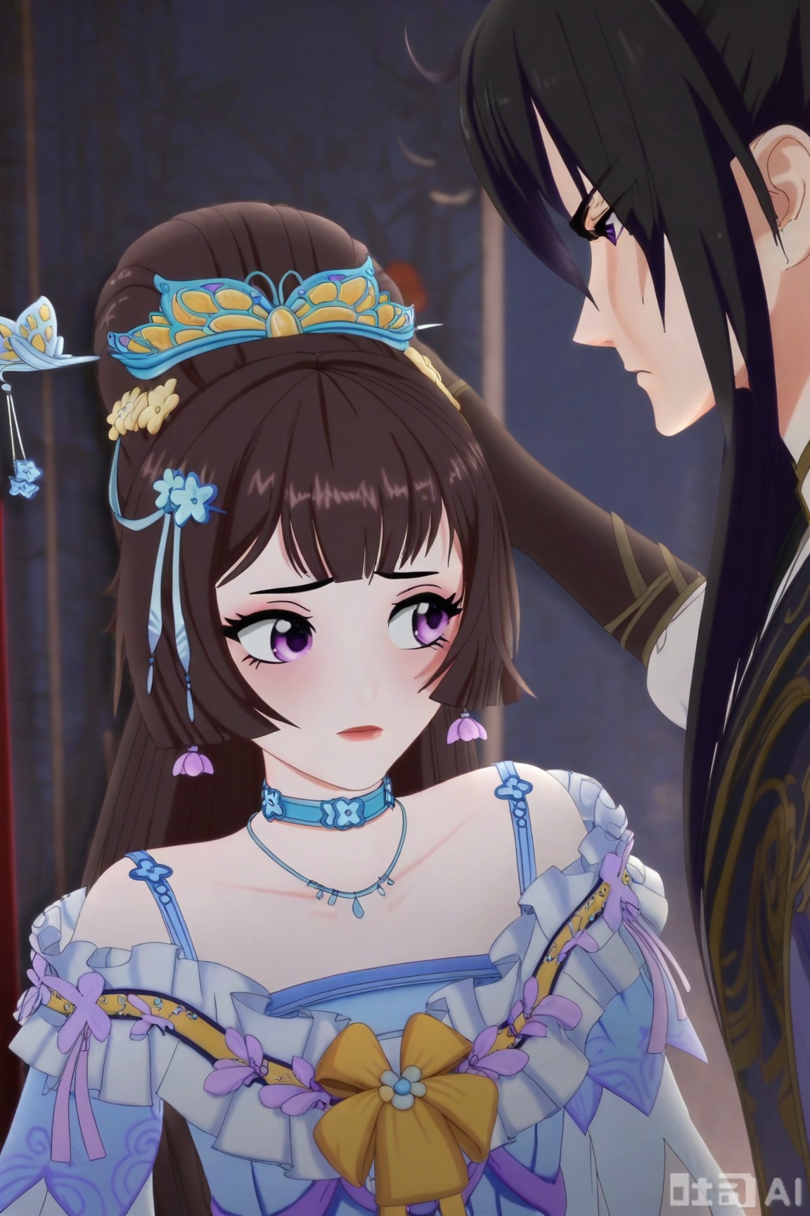 1girl, long hair, brown hair, black hair, hair ornament, 1boy, dress, jewelry, purple eyes, ponytail, hetero, earrings, choker, looking at another, Make fists with both hands,, chinese clothes,Shy,Dodge,,QYX