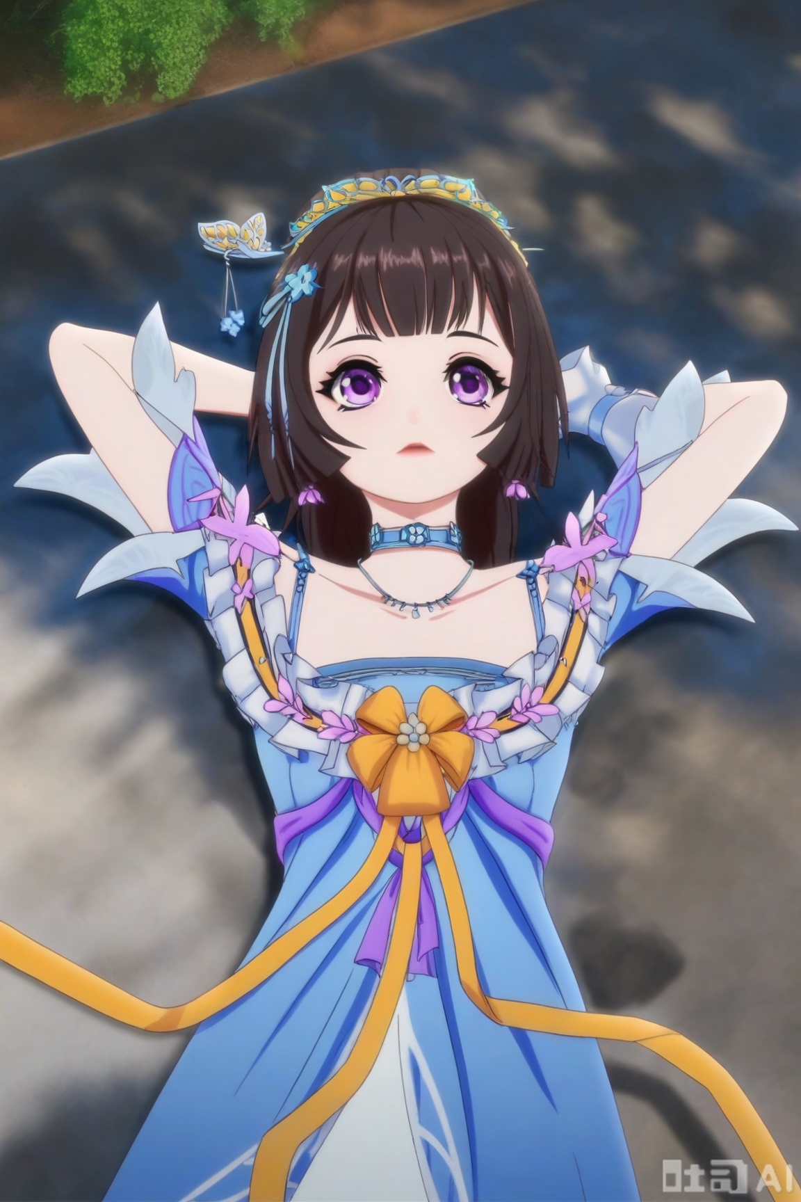 1girl, solo, short hair, brown hair, black hair, hair ornament, dress, jewelry, purple eyes, lying, choker, on back, necklace, blue dress, tiara, arms behind head,QYX