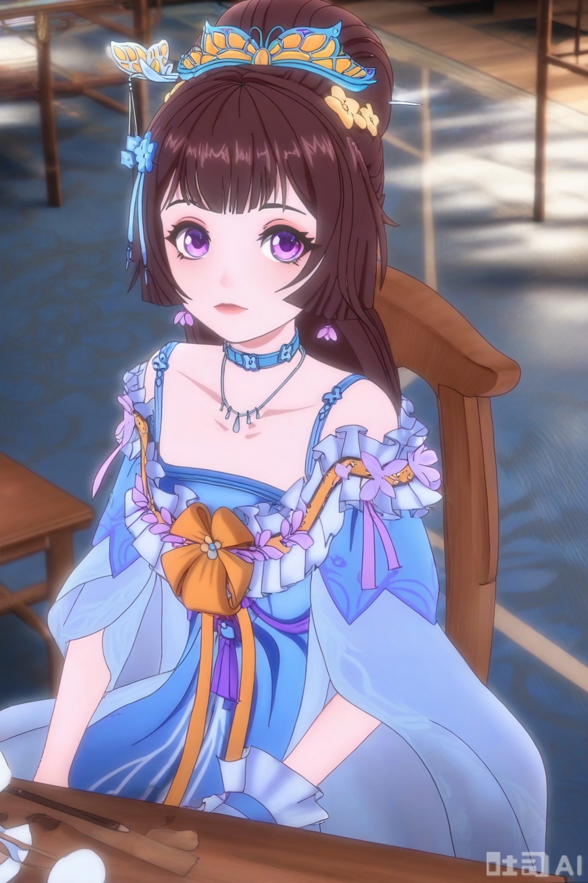 1girl, solo, long hair, looking at viewer, bangs, brown hair, hair ornament, dress, jewelry, sitting, purple eyes, choker, indoors, necklace, chair, table,QYX