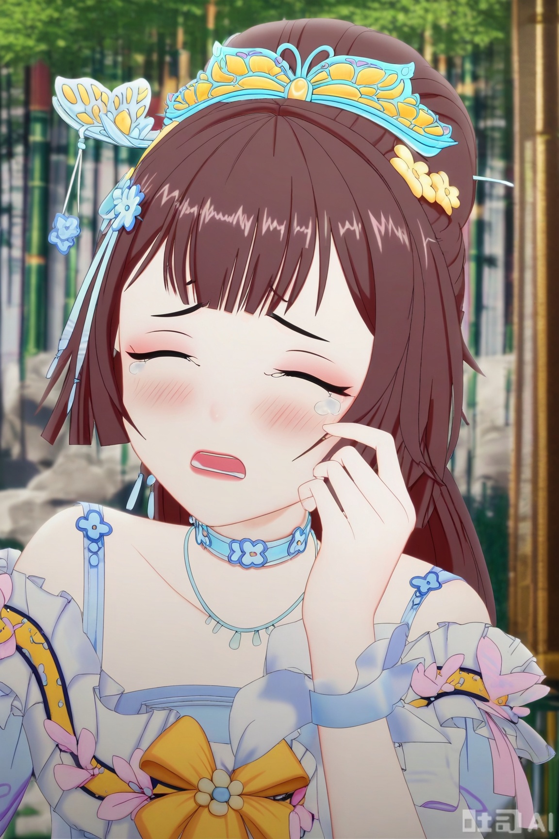 1girl, solo, long hair, blush, open mouth, bangs, brown hair, hair ornament, dress, jewelry, closed eyes, upper body, outdoors, choker, tears, necklace, crying, tiara, bamboo, wiping tears,QYX