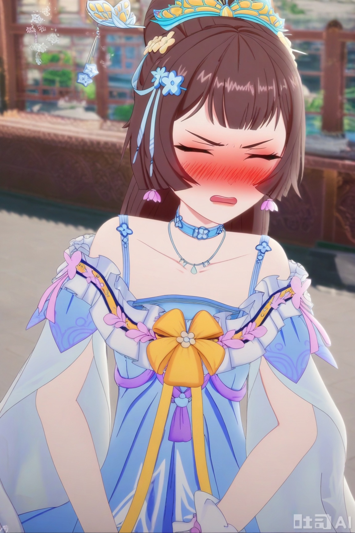 1girl, solo, blush, open mouth, bangs, brown hair, hair ornament, gloves, dress, bow, bare shoulders, jewelry, collarbone, closed eyes, earrings, outdoors, choker, white gloves, necklace, hair bun, blue dress, embarrassed, single hair bun, tiara, facing viewer, photo background,QYX