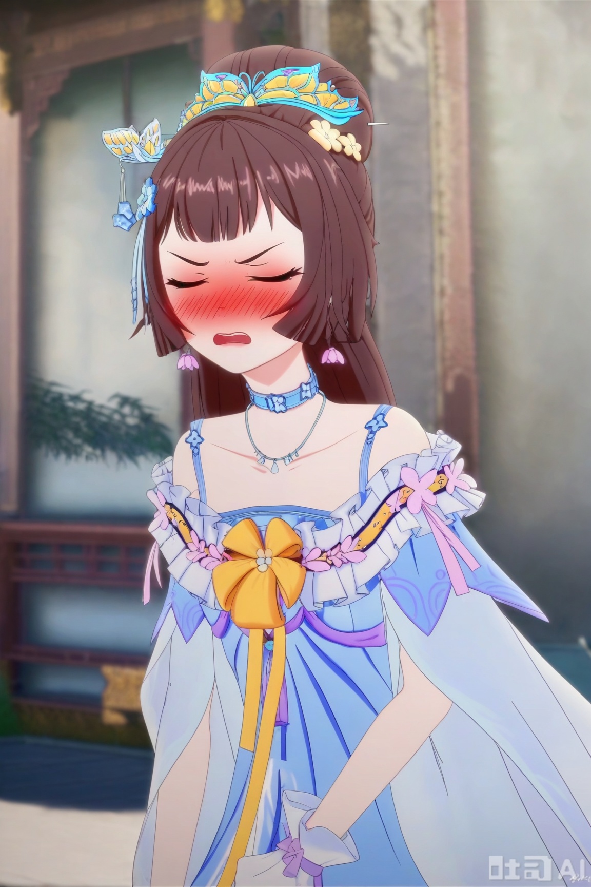1girl, solo, blush, open mouth, bangs, brown hair, hair ornament, gloves, dress, bow, bare shoulders, jewelry, collarbone, closed eyes, earrings, outdoors, choker, white gloves, necklace, hair bun, blue dress, embarrassed, single hair bun, tiara, facing viewer, photo background,QYX