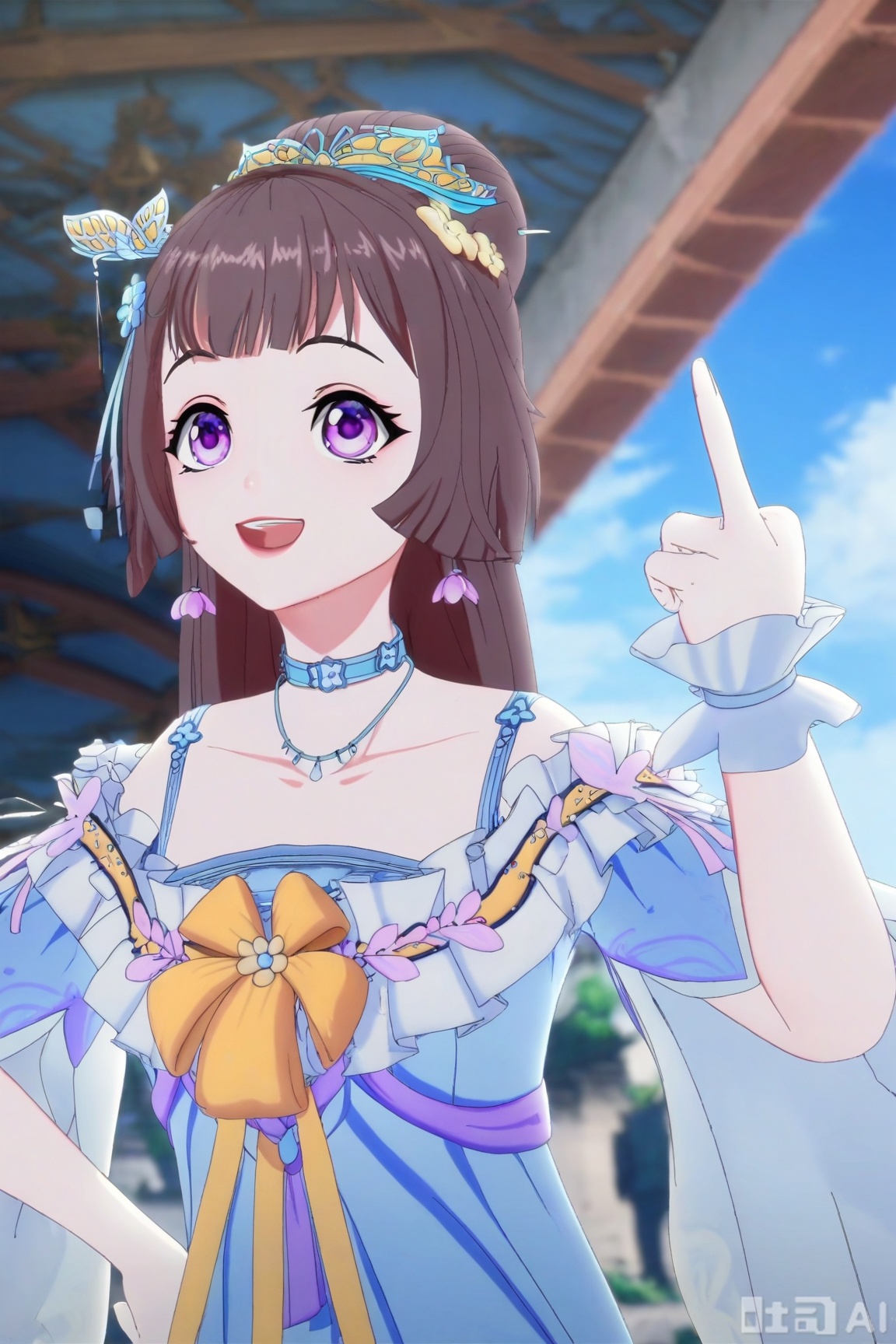 1girl, solo, long hair, smile, open mouth, bangs, brown hair, hair ornament, dress, jewelry, purple eyes, collarbone, earrings, outdoors, sky, choker, day, necklace, blue sky, blue dress, tiara, pointing,QYX