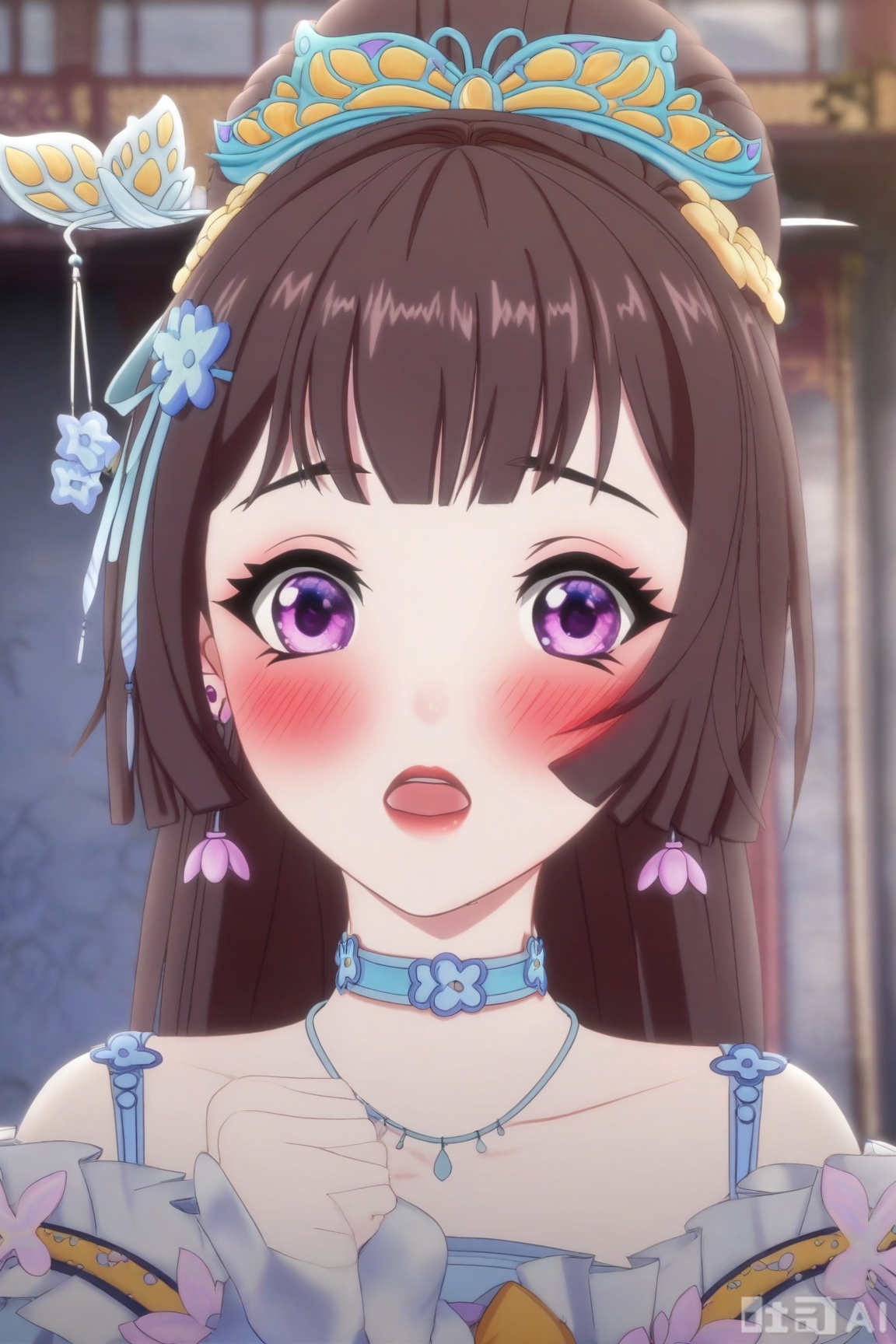 1girl, solo, long hair, looking at viewer, blush, open mouth, bangs, brown hair, hair ornament, jewelry, purple eyes, upper body, flower, earrings, choker,QYX