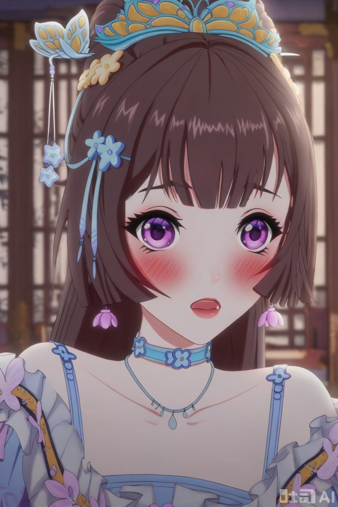 1girl, solo, long hair, looking at viewer, blush, open mouth, bangs, brown hair, hair ornament, jewelry, purple eyes, upper body, flower, earrings, choker,QYX