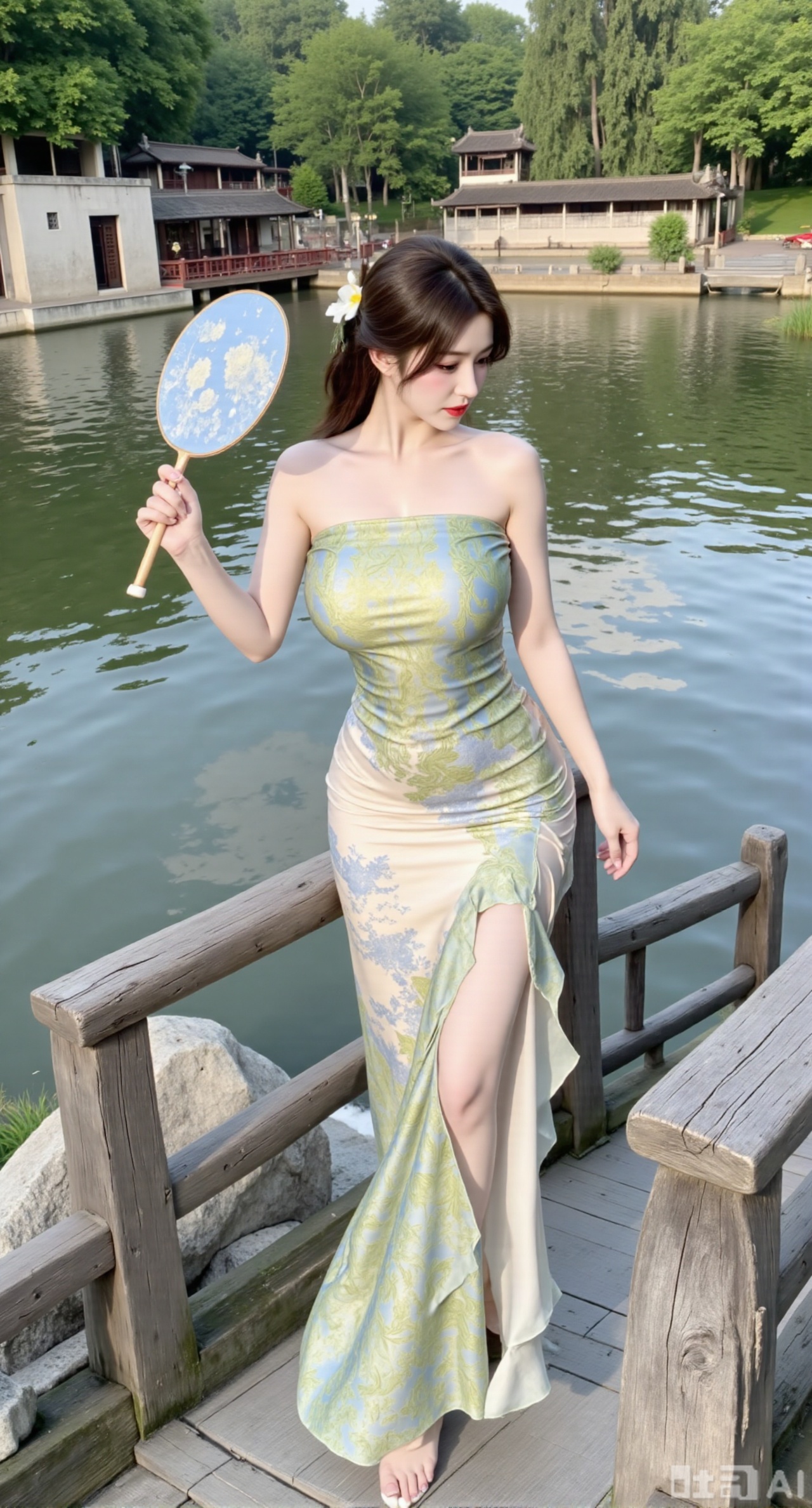 (masterpiece,best quality:1.23),A girl with a graceful figure, wearing a light - green strapless slit - printed dress with traditional cloud - water patterns, holding a round fan, strolling on a stone bridge in a Jiangnan water town, with gurgling water flowing beneath the bridge,,(huge breasts, full breasts:2.98),Xhanfududou,Xsongzhihanfu,Xlujiajia,Xyanqingfei,XfuqingyunY,Xtangqixiongshanqun,Xfeitianhanfu,Xqinghannu,XmeijiX2,XmeijiX,XlingyuyxiuX2,XlingyuyxiuX,Xjianglishenwang,Xjianglishenwang2,Xmoxiongqipao,Xfangjinmoxiong