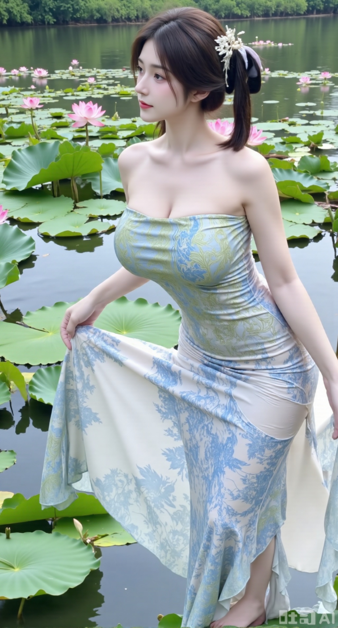 (masterpiece,best quality:1.23) A girl with a perfect figure, wearing a blue - and - white - colored strapless slit - printed dress, gently lifting the skirt by the lake in a Jiangnan garden, with lotus leaves and blooming lotus flowers on the lake,,(huge breasts, full breasts:2.98),Xhanfududou,Xsongzhihanfu,Xlujiajia,Xyanqingfei,XfuqingyunY,Xtangqixiongshanqun,Xfeitianhanfu,Xqinghannu,XmeijiX2,XmeijiX,XlingyuyxiuX2,XlingyuyxiuX,Xjianglishenwang,Xjianglishenwang2,Xmoxiongqipao,Xfangjinmoxiong