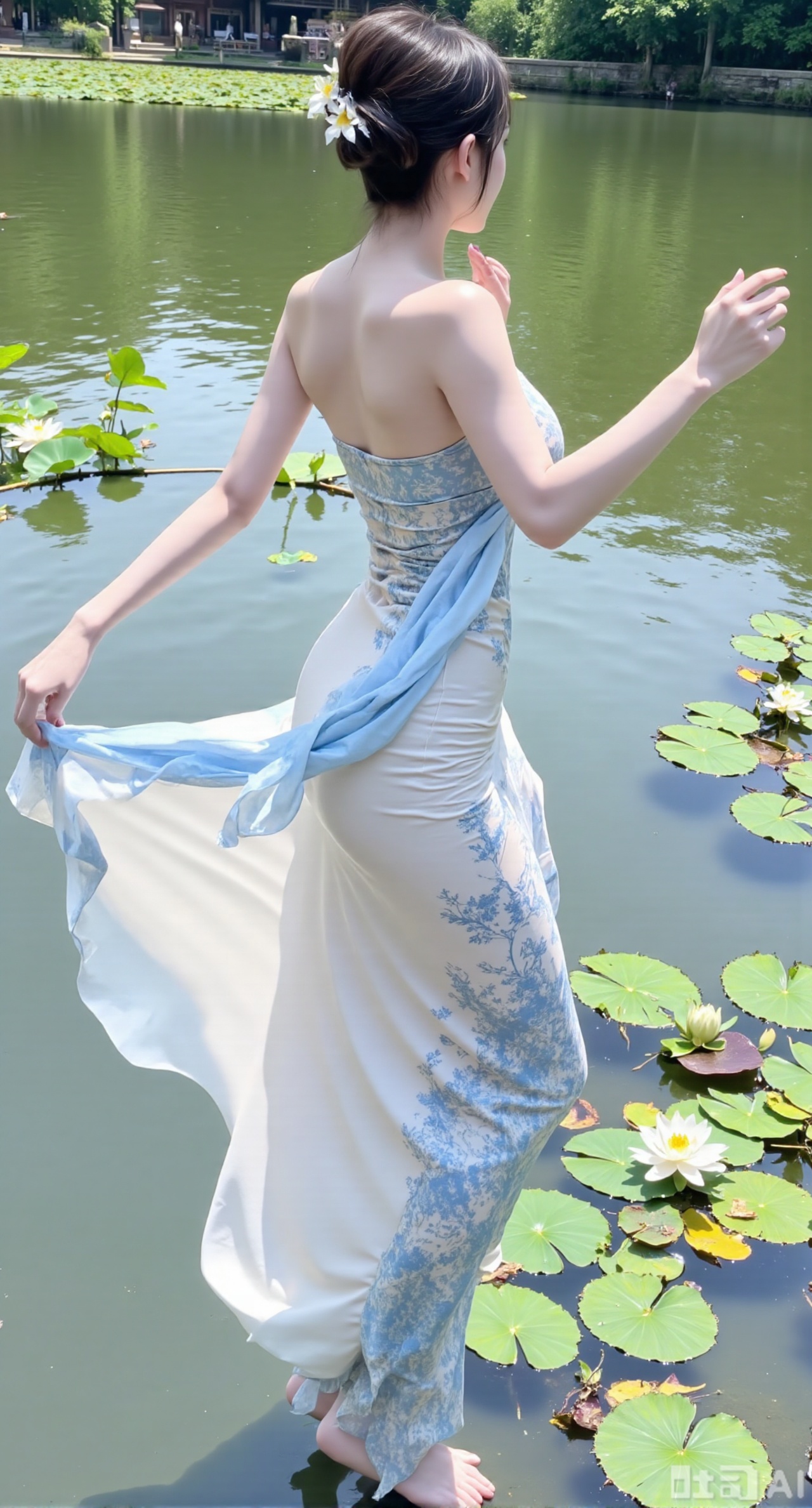 (masterpiece,best quality:1.23) A girl with a perfect figure, wearing a blue - and - white - colored strapless slit - printed dress, gently lifting the skirt by the lake in a Jiangnan garden, with lotus leaves and blooming lotus flowers on the lake,,(huge breasts, full breasts:2.98),Xhanfududou,Xsongzhihanfu,Xlujiajia,Xyanqingfei,XfuqingyunY,Xtangqixiongshanqun,Xfeitianhanfu,Xqinghannu,XmeijiX2,XmeijiX,XlingyuyxiuX2,XlingyuyxiuX,Xjianglishenwang,Xjianglishenwang2,Xmoxiongqipao,Xfangjinmoxiong