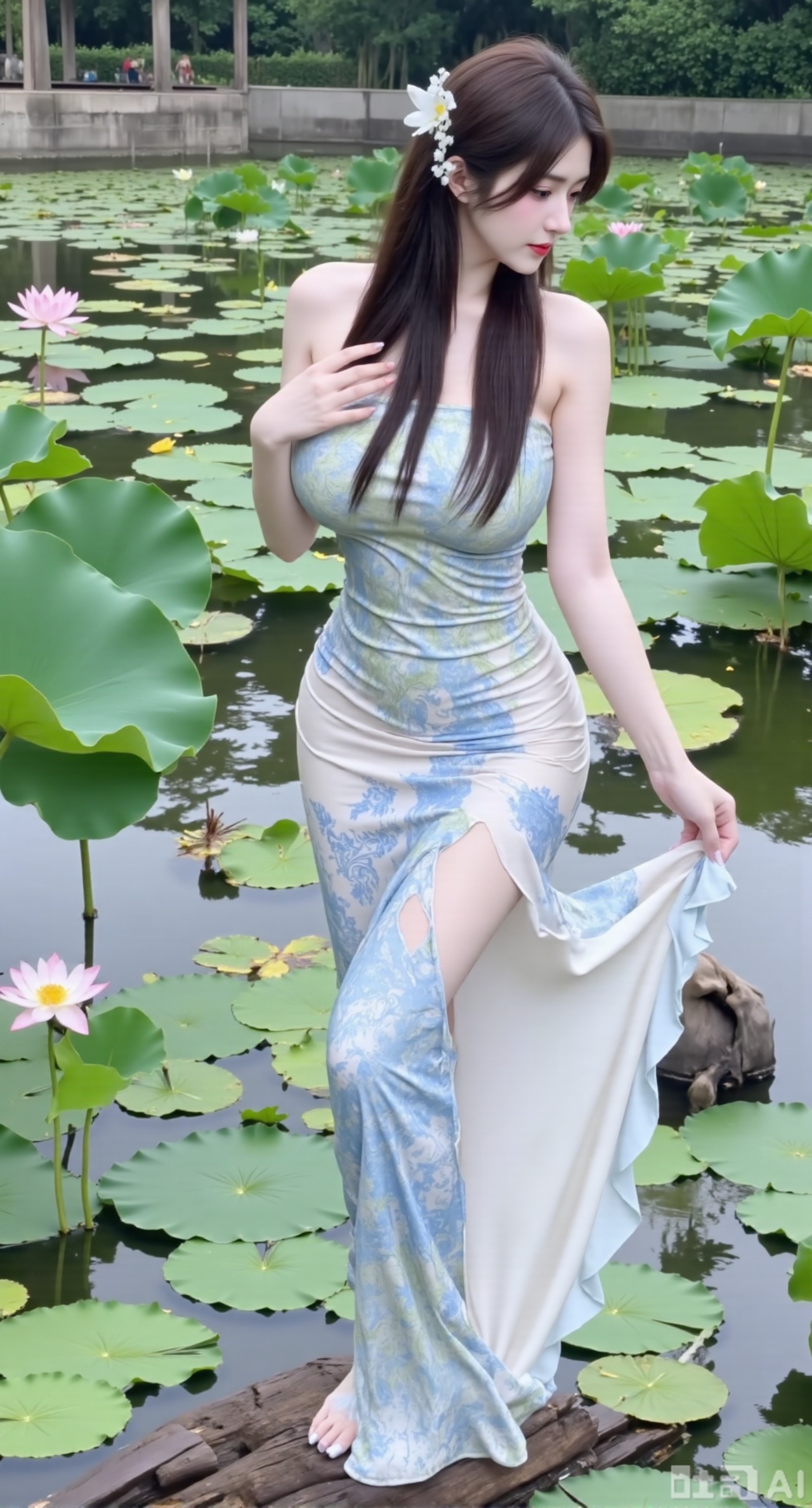 (masterpiece,best quality:1.23) A girl with a perfect figure, wearing a blue - and - white - colored strapless slit - printed dress, gently lifting the skirt by the lake in a Jiangnan garden, with lotus leaves and blooming lotus flowers on the lake,,(huge breasts, full breasts:2.98),Xhanfududou,Xsongzhihanfu,Xlujiajia,Xyanqingfei,XfuqingyunY,Xtangqixiongshanqun,Xfeitianhanfu,Xqinghannu,XmeijiX2,XmeijiX,XlingyuyxiuX2,XlingyuyxiuX,Xjianglishenwang,Xjianglishenwang2,Xmoxiongqipao,Xfangjinmoxiong