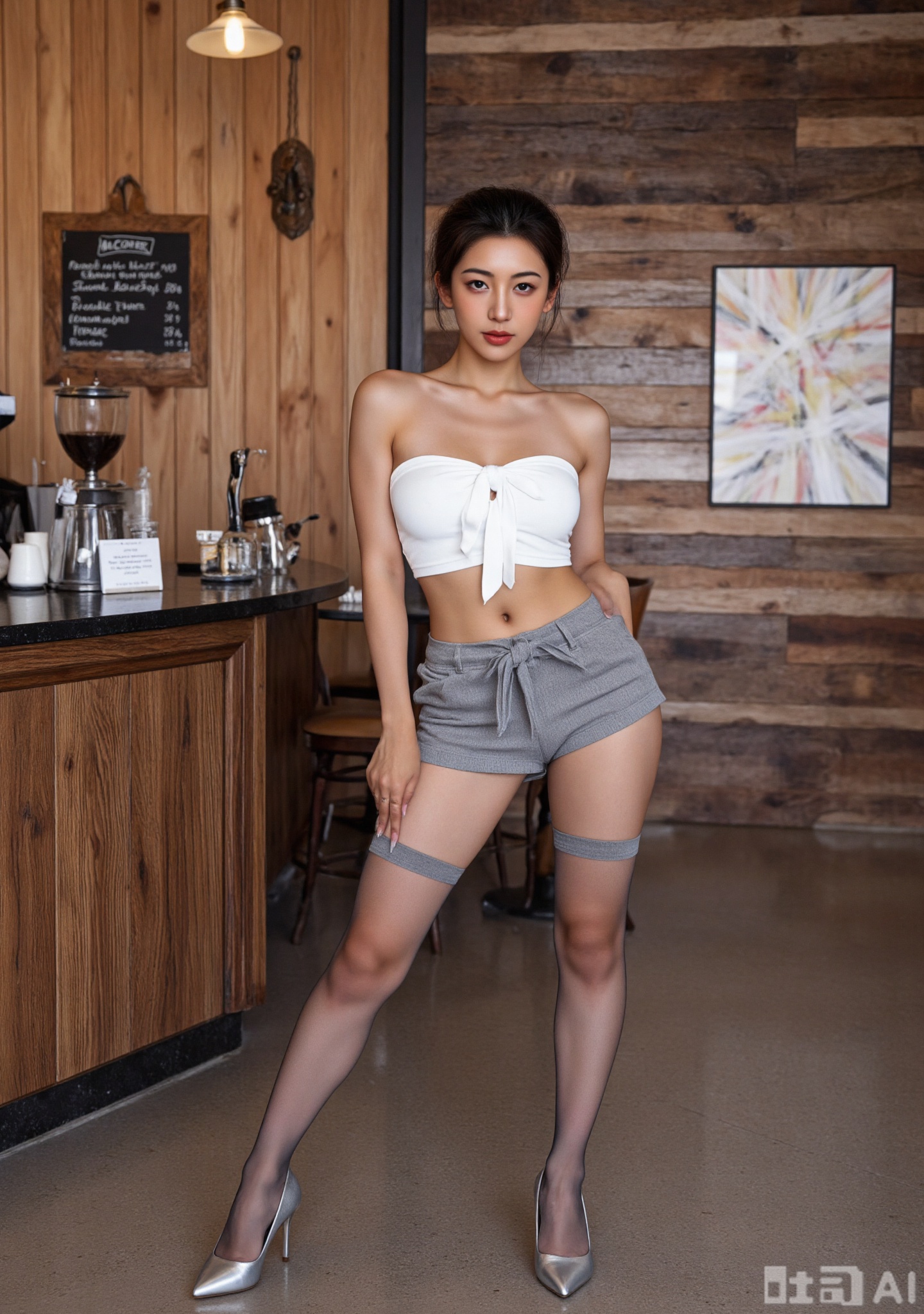 A young Asian woman with a slender build and medium-sized breasts stands confidently in a rustic café. She has long, dark hair styled in a neat bun and wears a sleeveless white top with a bow tie, paired with grey shorts and thigh-high grey stockings. Her outfit is complemented by silver high-heeled shoes. The background features wooden paneling, a coffee machine, and a counter. The lighting is natural, coming from a hanging lamp above her, casting soft shadows. The overall aesthetic is cozy and intimate, with a touch of vintage charm. The image is a high-quality photograph.