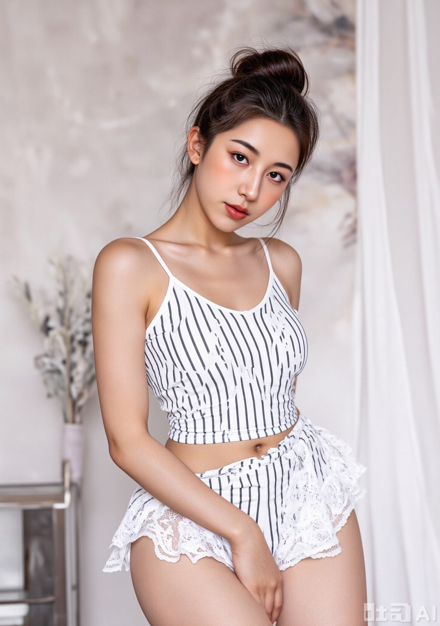 Photograph of a slender, light-skinned woman with dark hair in a bun, wearing a white, striped, spaghetti-strap dress and white fishnet stockings with lace patterns. She poses with one leg bent, foot resting on her opposite knee, against a blurred, neutral background.