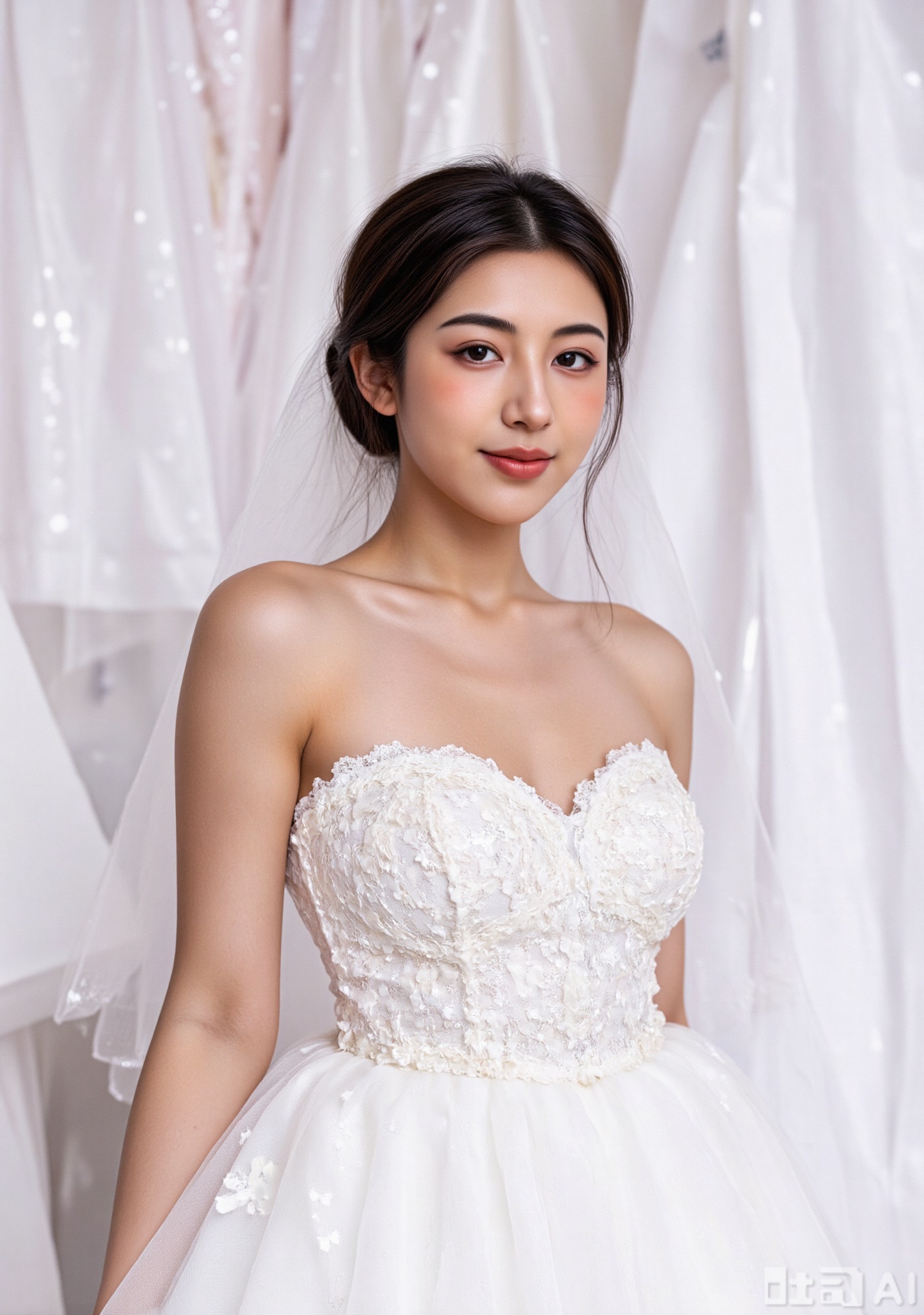 1girl,This is a high-resolution photograph featuring a young East Asian woman seated in a softly lit room. She has a fair complexion and a slender physique with a small frame. Her dark,straight hair is styled in an elegant updo,with a delicate veil flowing down her back. She wears a strapless wedding gown adorned with intricate,white,sheer butterfly appliques that cover her chest,creating a romantic and ethereal effect. The dress is fitted at the bodice,accentuating her megalateo,and flows into a voluminous,tulle skirt. Her expression is serene and slightly smiling,with a subtle,natural makeup highlighting her delicate features. The background features an array of similar,sheer fabrics with glittery accents,adding to the dreamy ambiance. The overall color palette is soft and neutral,with a focus on whites and light pastels,creating a serene and ethereal atmosphere. The setting appears to be a bridal salon,possibly during a fitting session.,(huge breasts:2.79),