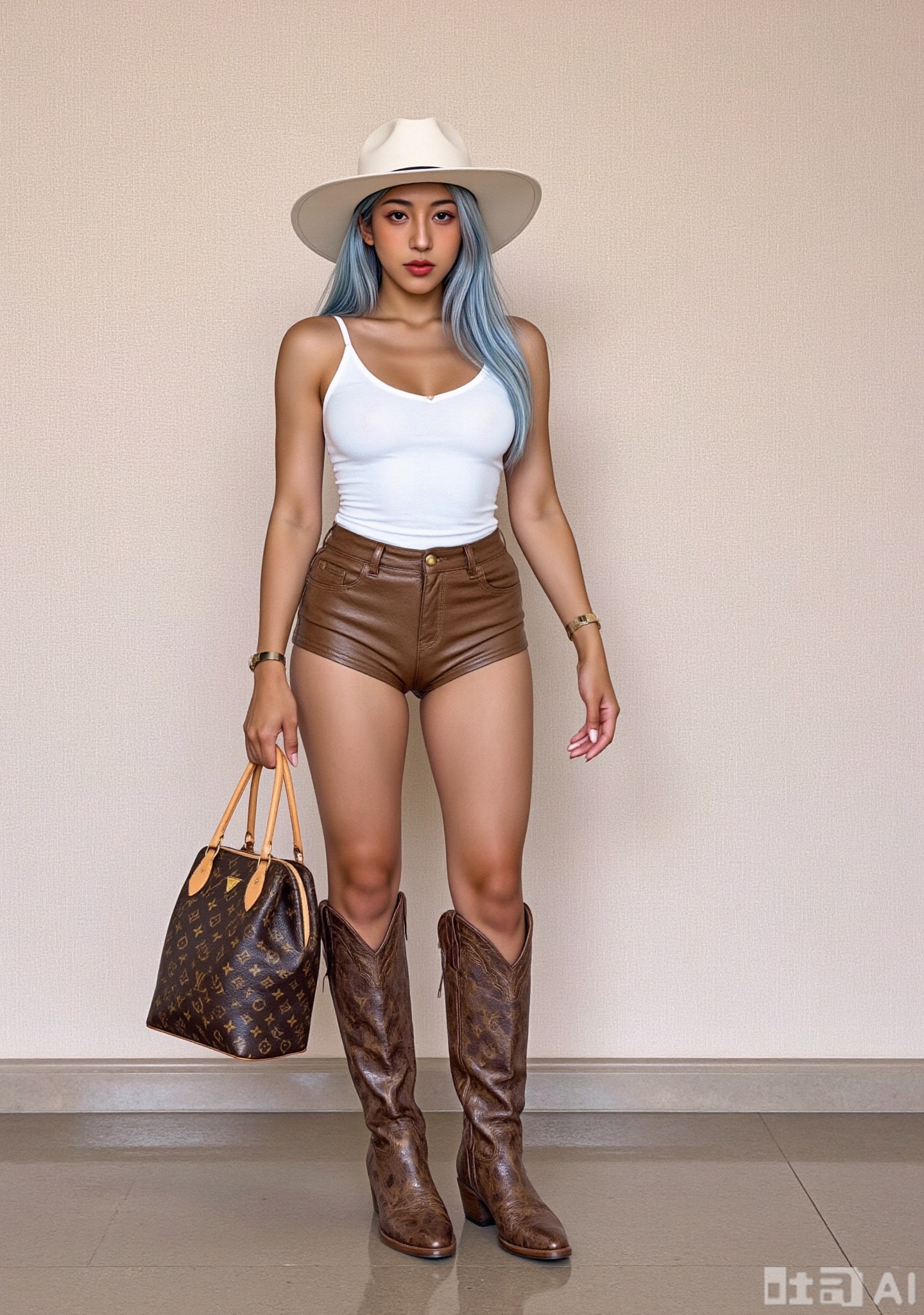 Photograph of a slender, The woman hourglass figure, brown skin, long powder blue hair, and is wearing a white **** top, brown shorts, cowboy boots, and a wide-brimmed hat. She is holding a brown Louis Vuitton bag. In the background is a textured beige wall.