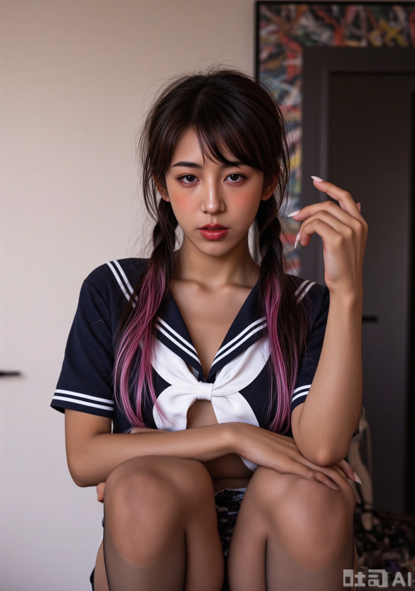 (((a look of disdain))),(((a disgusted expression))),
(pinching with fingers:1.4),solo,
1 girl,blush,braided bangs,multicolored hair,black stockings,sailor suit,(biggest breasts:1.4),extremely big breasts,long legs,curvaceous buttocks,thick thighs,(22yo),soft lighting,romantic atmosphere,dreamy,best quality,masterpiece,close-up,