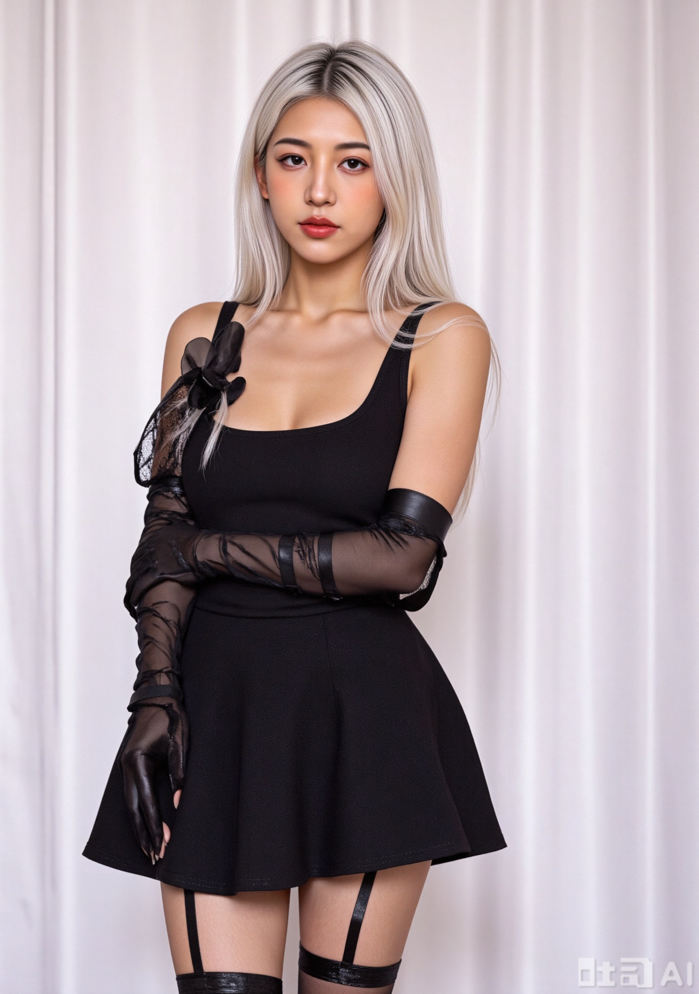 woman,The image shows a person with long,straight,platinum blonde hair,wearing a black sleeveless dress that reveals a significant amount of skin. The person is also wearing black gloves that extend to the elbows and black stockings with garters. The background consists of a light-colored curtain,which provides a neutral backdrop. The overall style appears to be a blend of fashion and possibly a cosplay or artistic portrayal.,