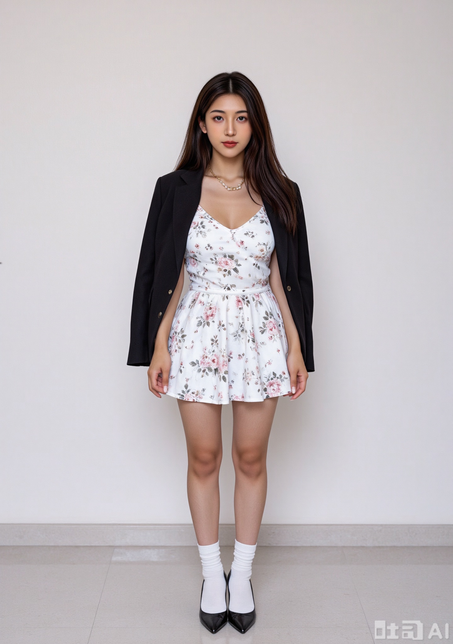 hubggirl,Women's Model,a young woman standing confidently in the center of the frame,directly facing the viewer,her long brown hair cascades down her back,framing her face as she looks straight ahead. She is wearing a white dress with a floral pattern,a black jacket,white socks,and black high-heeled shoes,accessorized with a necklace and pearl accessories,her expression is neutral,with a subtle hint of a smile on her lips,the background is a plain,light-colored surface,allowing the subject to be the focal point of the image.,
