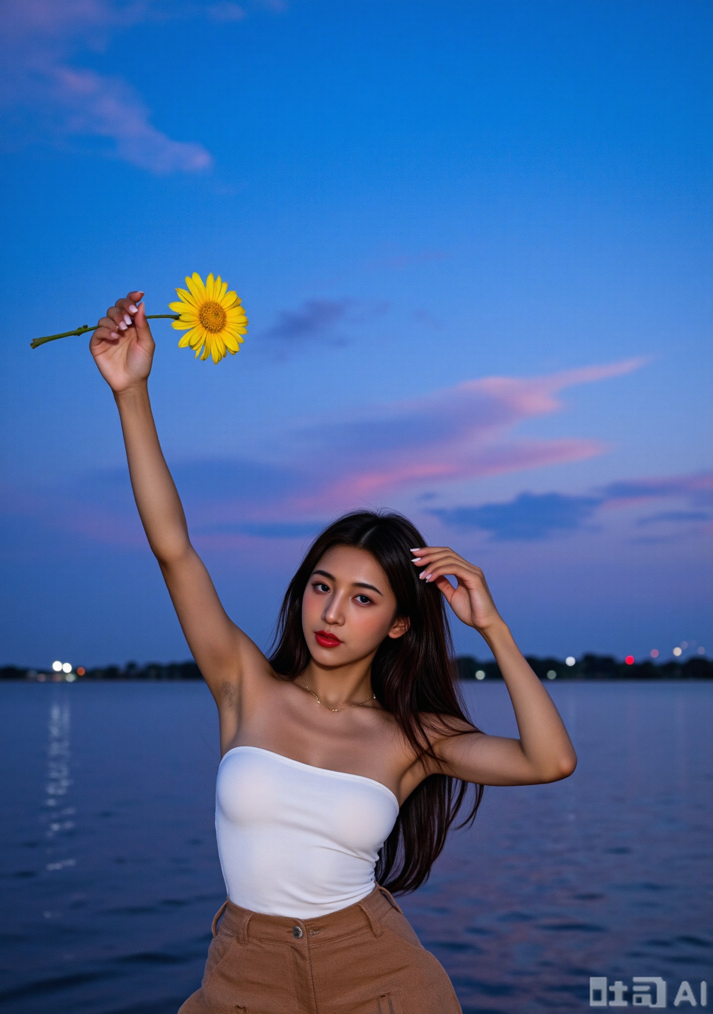 hubggirl,Captured at eye-level on a vibrant day, a woman with long dark brown hair, a white **** top and a brown skirt is stunning in front of a body of water. She is adorned with a yellow flower in her left hand, adding a pop of color to the scene. The sky is a deep blue, with a few wispy clouds in the upper right corner, and a few orange and pink lights in the lower right corner. The woman's left hand is raised, her right hand is positioned in the air, while her left arm is stretched out to the side of the frame. She has a necklace around her neck, and her lips are painted red.