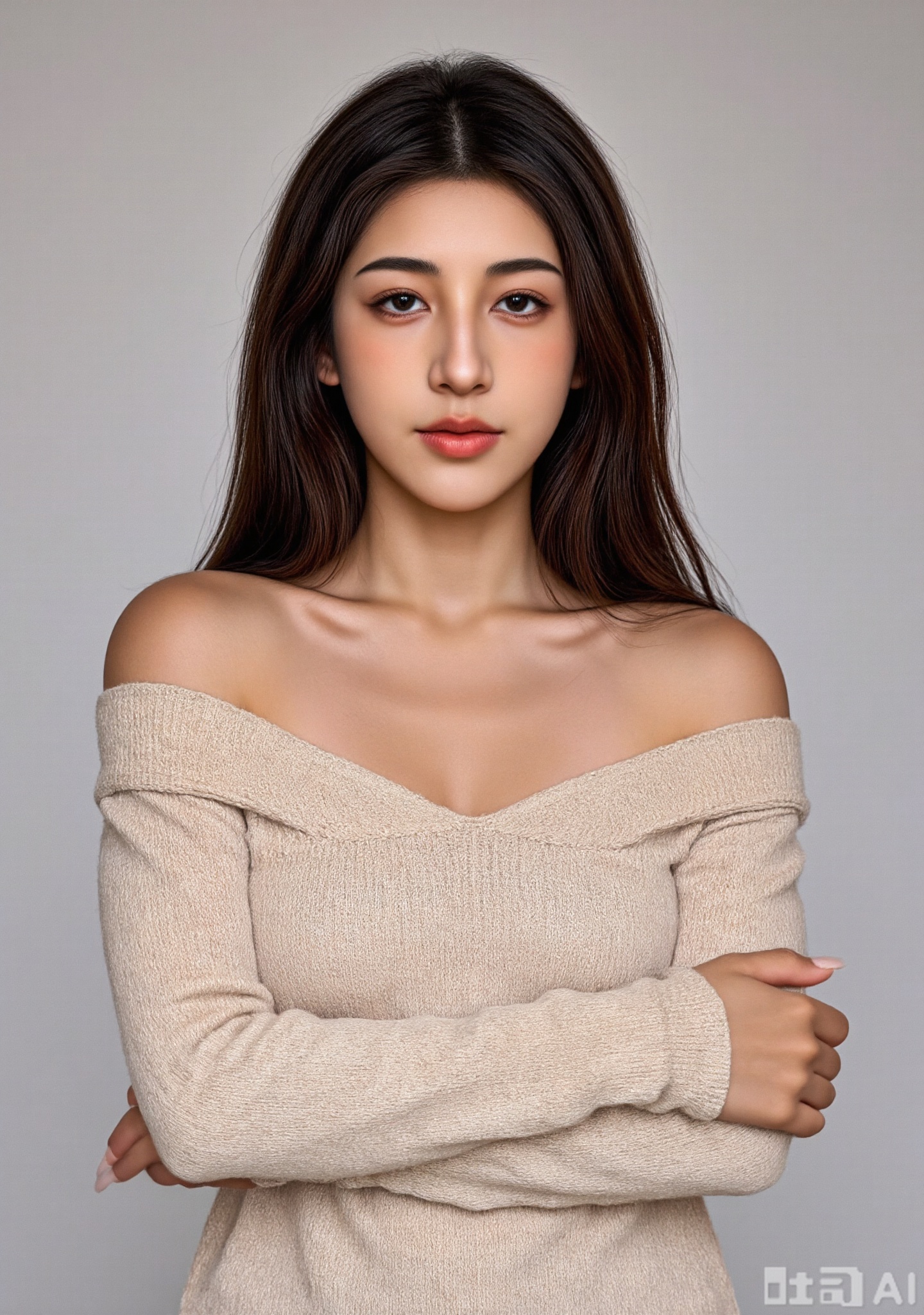 hubggirl,woman,A young woman with long, dark hair is wearing a beige off-the-shoulder sweater. She has a fair complexion and is posing with her arms crossed in front of her. The background is a plain, neutral gray, which helps to highlight her features and the texture of her clothing. Her expression is calm and composed, adding to the overall serene and elegant atmosphere of the image.
