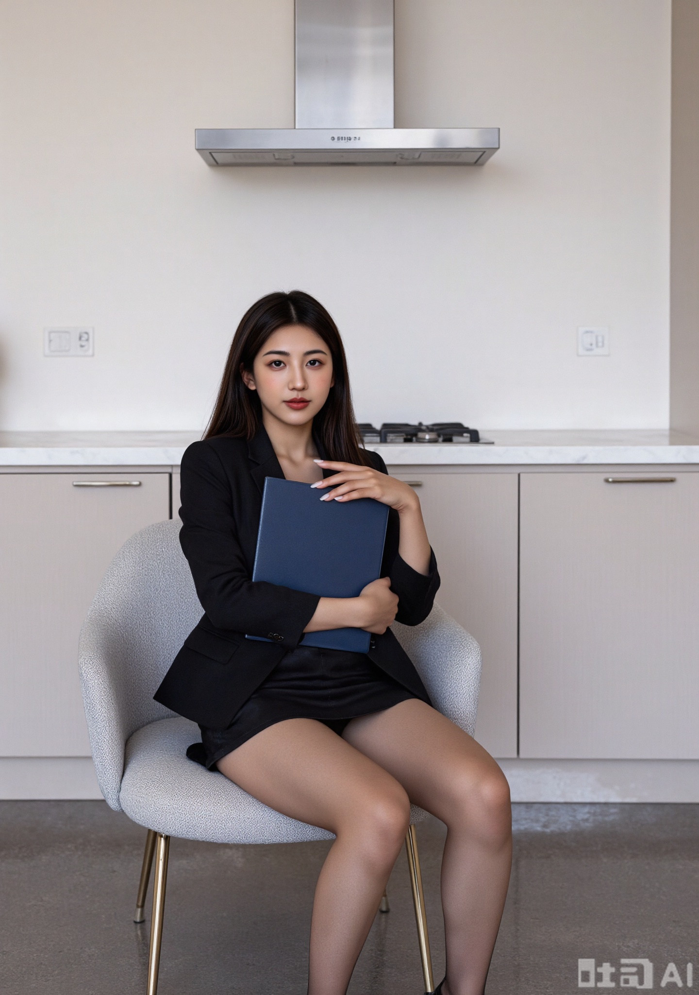 chinese girl,of a young East Asian woman seated on a modern, upholstered chair in a contemporary kitchen. She has a fair complexion with smooth, flawless skin, and long, straight, dark hair. Her outfit consists of a fitted black blazer, a black mini skirt, and sheer black thigh-high stockings with lace tops. She is wearing black patent leather stiletto heels, adding a touch of elegance to her ensemble. Her makeup is subtle, with a focus on enhancing her natural features, and she wears minimal jewelry. Her expression is neutral, with a slight hint of a smile, and she is holding a blue folder close to her chest. The kitchen features a minimalist design with light-colored cabinets, a stainless steel range hood, and a sleek countertop with a marble-like finish. The flooring is a dark, polished stone, adding a touch of luxury to the space. The overall ambiance is modern and sophisticated, with a blend of clean lines and elegant textures.