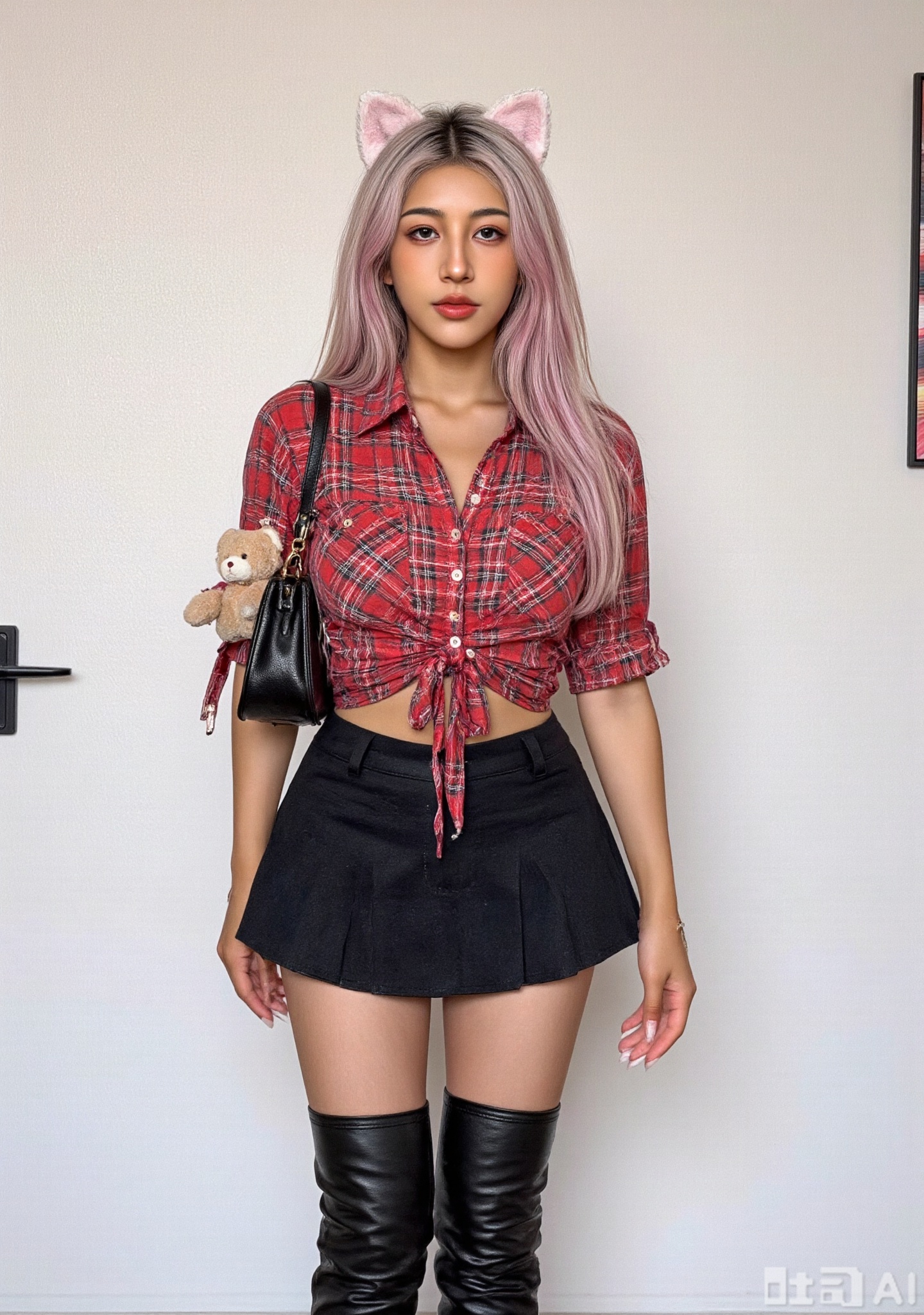 A photograph of a young dark skin woman with long pink-blue hair,shoulder-length pink-blue hair,red plaid crop top,black layered skirt,heart-shaped belt,black lace-up boots,cat ears,black bag,fluffy tail,teddy bear attached,