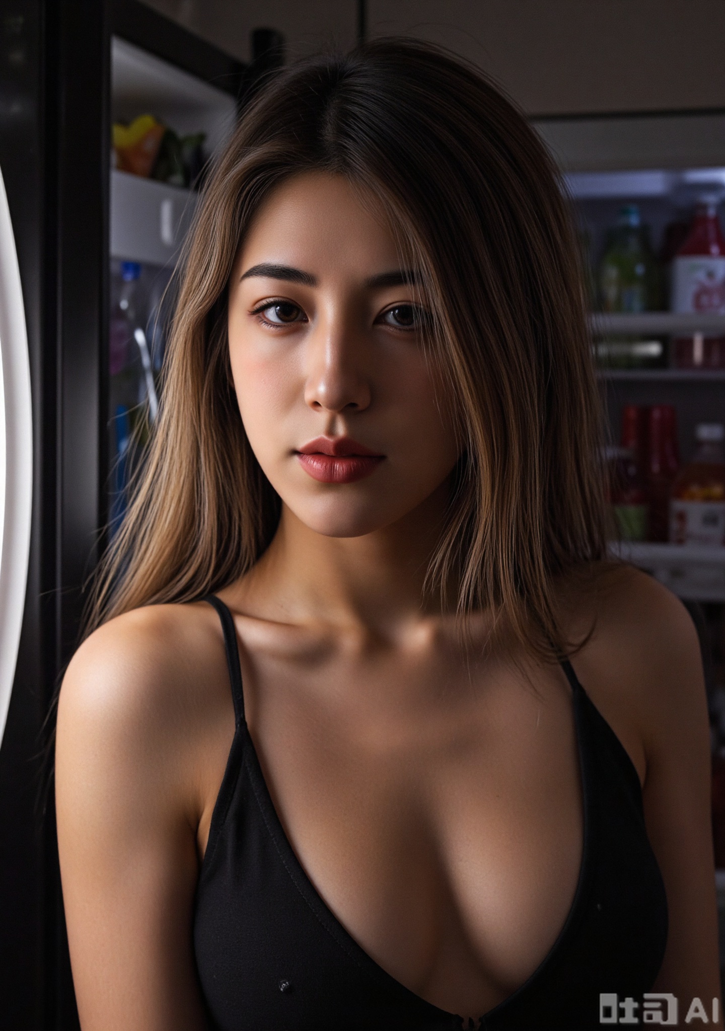 beauty,  Dark Goddess,  This is a portrait of a beautiful woman with her face facing the refrigerator. The light from the...