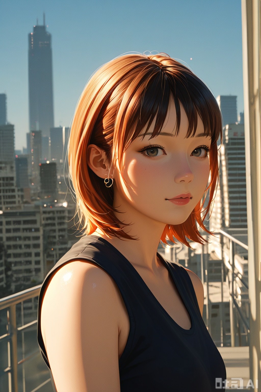 A realistic style photo,A futuristic city,1girl