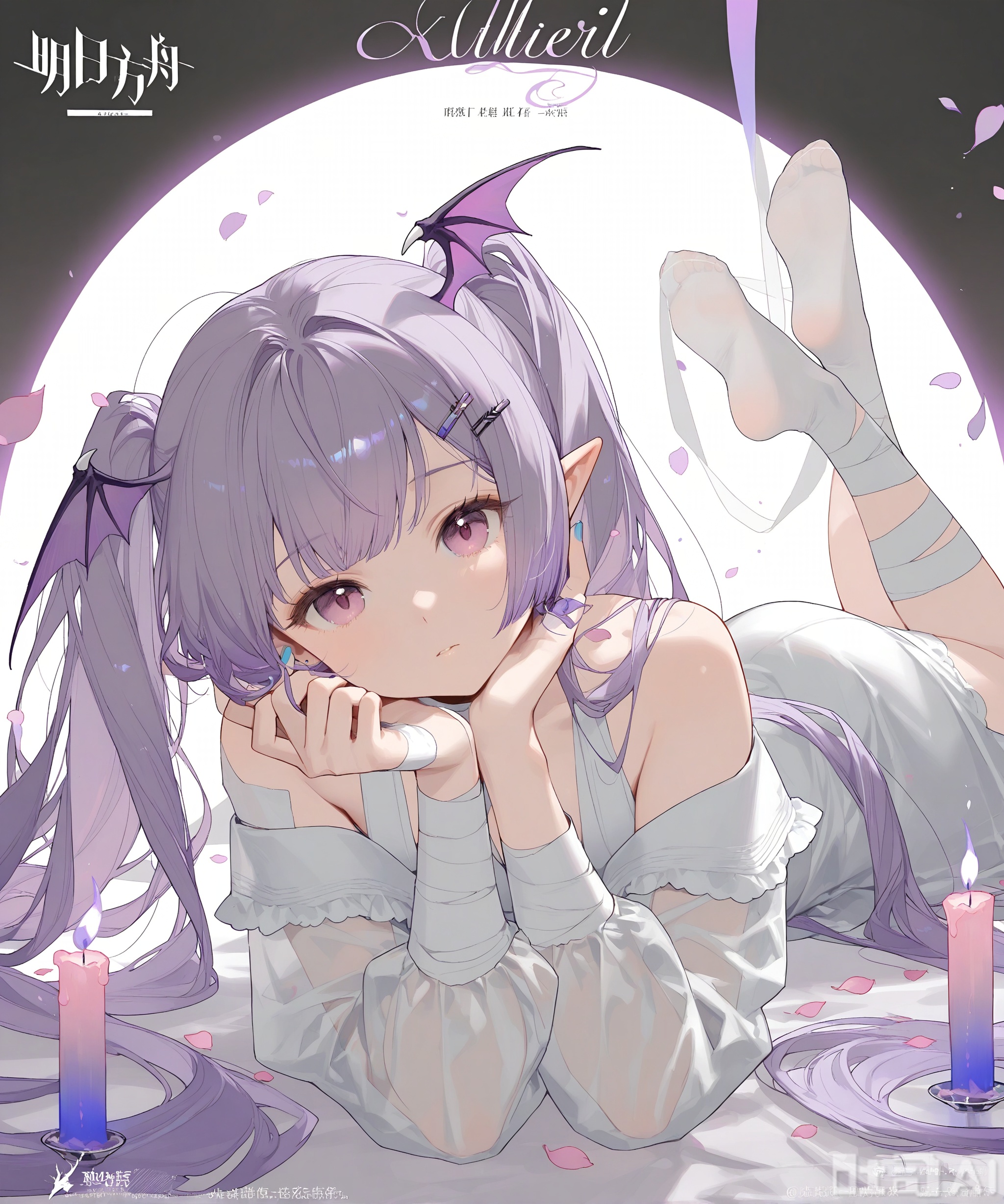 1girl, solo, long hair, looking at viewer, bangs, hair ornament, long sleeves, dress, bare shoulders, twintails, very long hair, purple eyes, purple hair, lying, pointy ears, hairclip, pink eyes, off shoulder, nail polish, white dress, character name, official alternate costume, petals, bandages, on stomach, black background, head wings, blue nails, candle