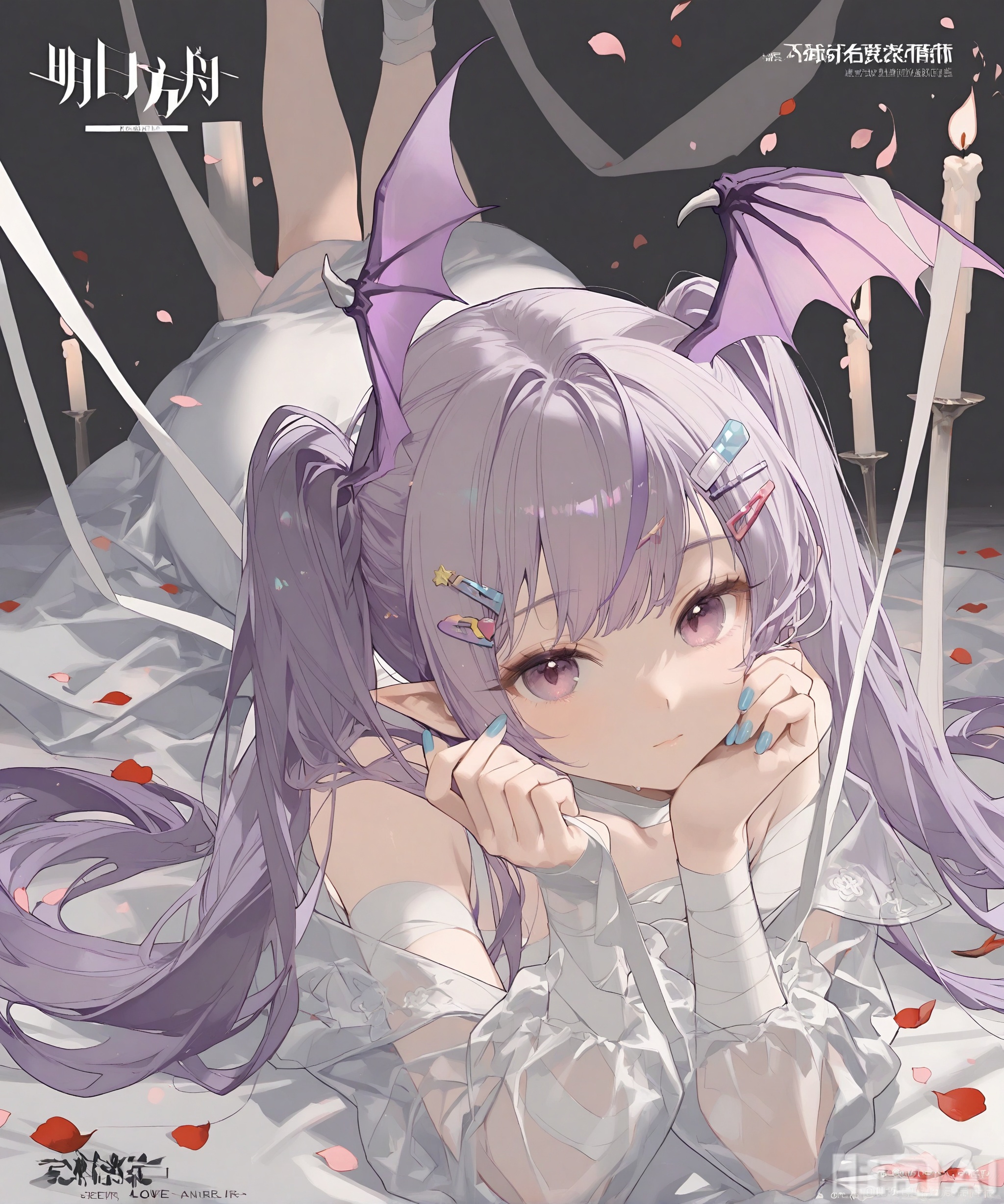 1girl, solo, long hair, looking at viewer, bangs, hair ornament, long sleeves, dress, bare shoulders, twintails, very long hair, purple eyes, purple hair, lying, pointy ears, hairclip, pink eyes, off shoulder, nail polish, white dress, character name, official alternate costume, petals, bandages, on stomach, black background, head wings, blue nails, candle