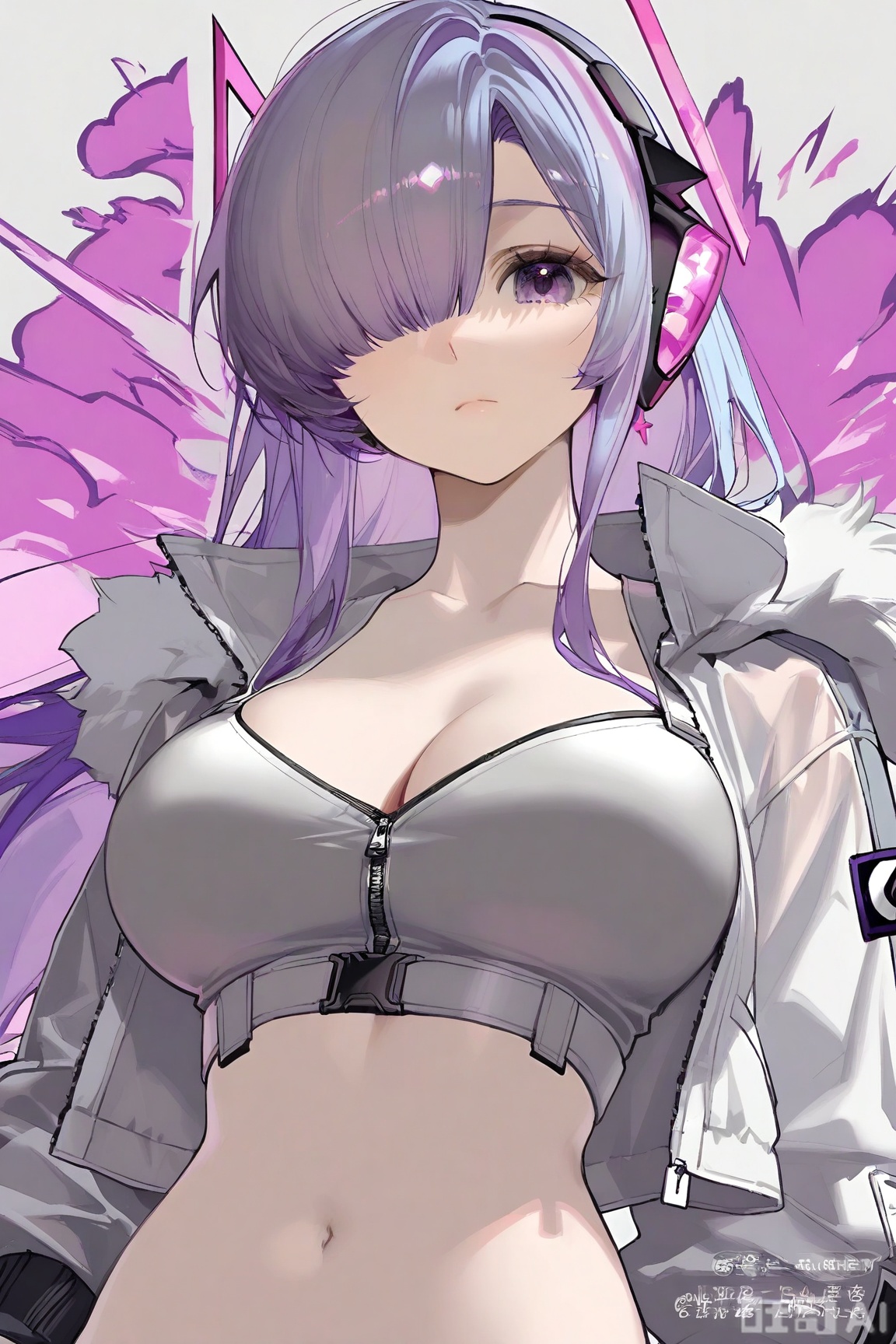 1girl, solo, long hair, breasts, looking at viewer, bangs, large breasts, long sleeves, navel, cleavage, closed mouth, blue hair, purple eyes, jacket, upper body, purple hair, midriff, hair over one eye, crop top, white jacket, one eye covered