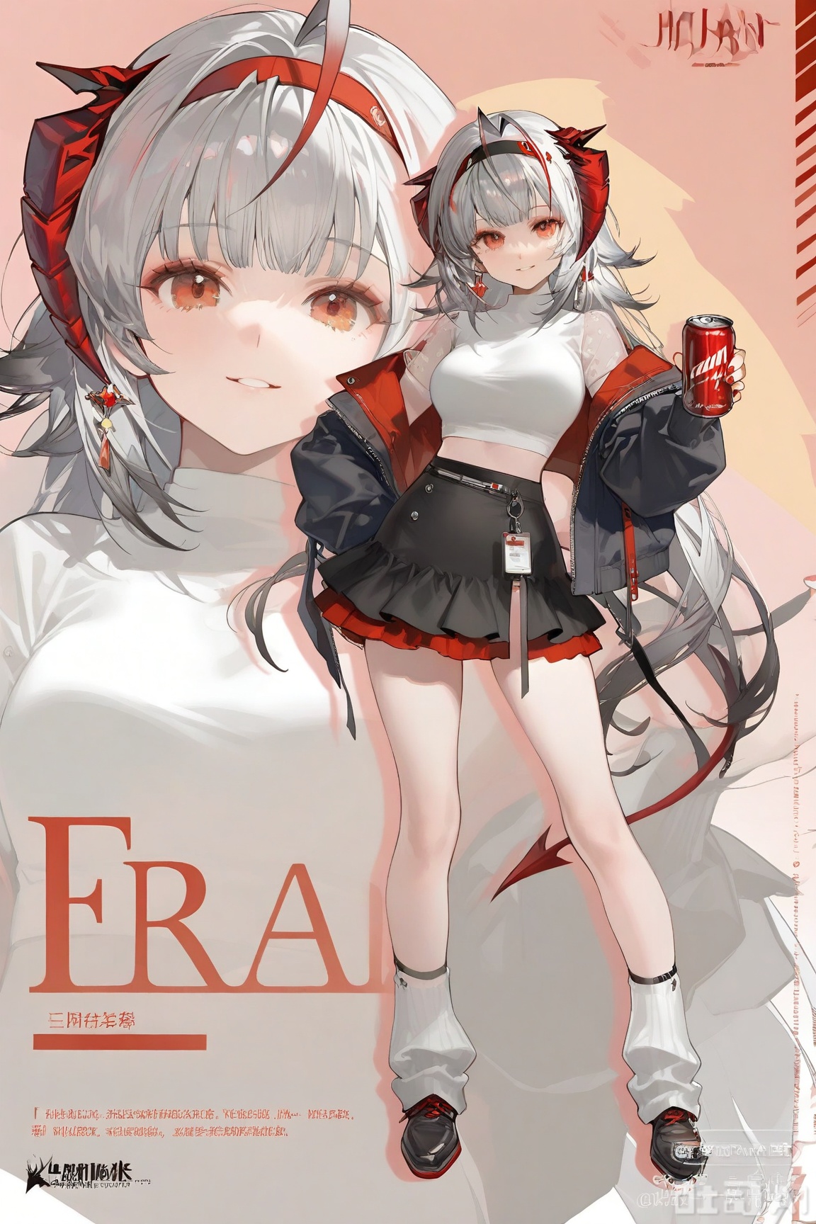 1girl, solo, long hair, breasts, looking at viewer, smile, bangs, skirt, shirt, red eyes, long sleeves, holding, jacket, full body, white shirt, white hair, grey hair, red hair, hairband, parted lips, open clothes, horns, shoes, socks, black skirt, off shoulder, black footwear, character name, open jacket, official alternate costume, black jacket, red nails, can, zoom layer,
