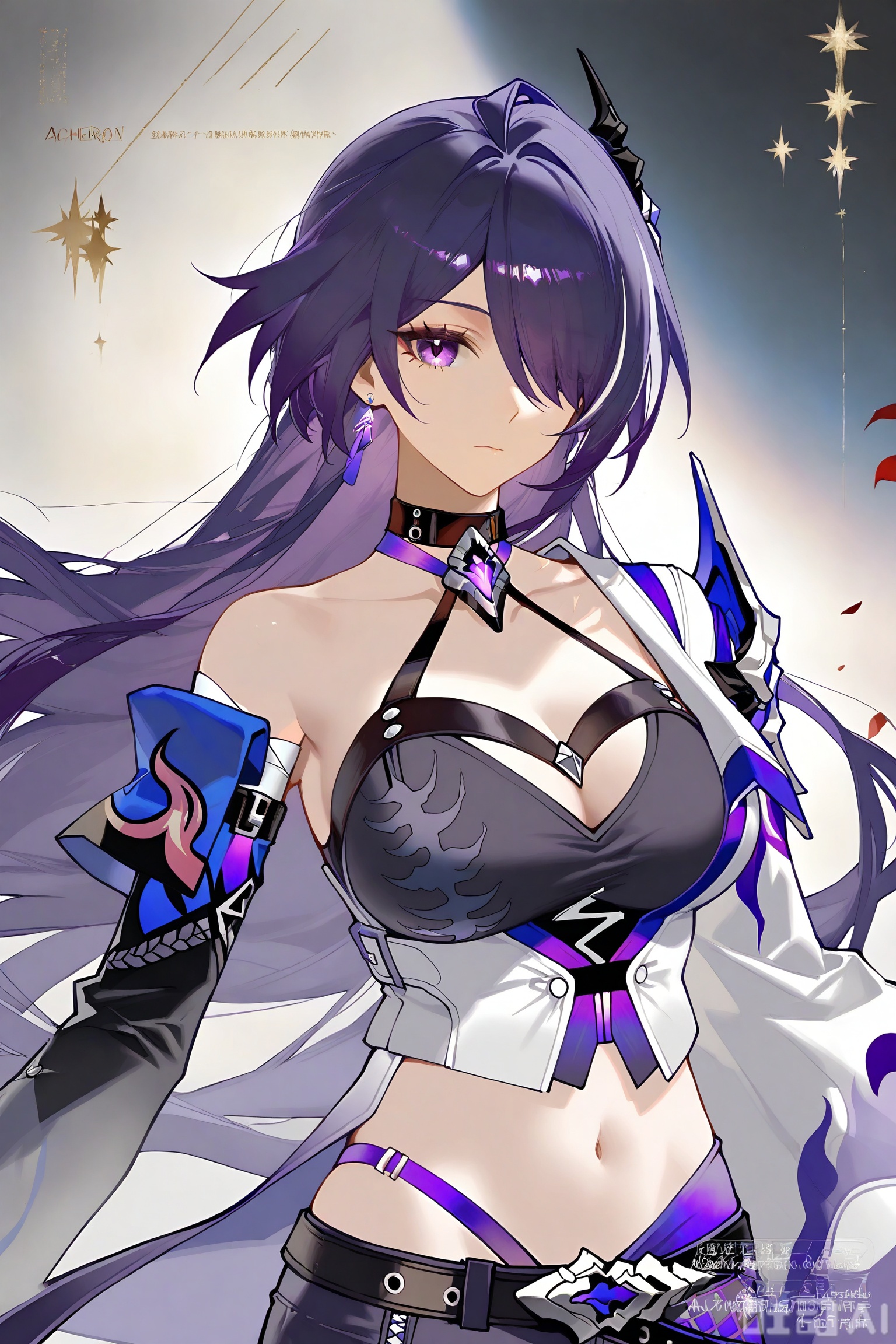 1girl, solo, long hair, breasts, looking at viewer, bangs, large breasts, long sleeves, navel, cleavage, closed mouth, blue hair, purple eyes, jacket, upper body, purple hair, midriff, hair over one eye, crop top, white jacket, one eye covered，Acheron \(Honkai Star Rail\)