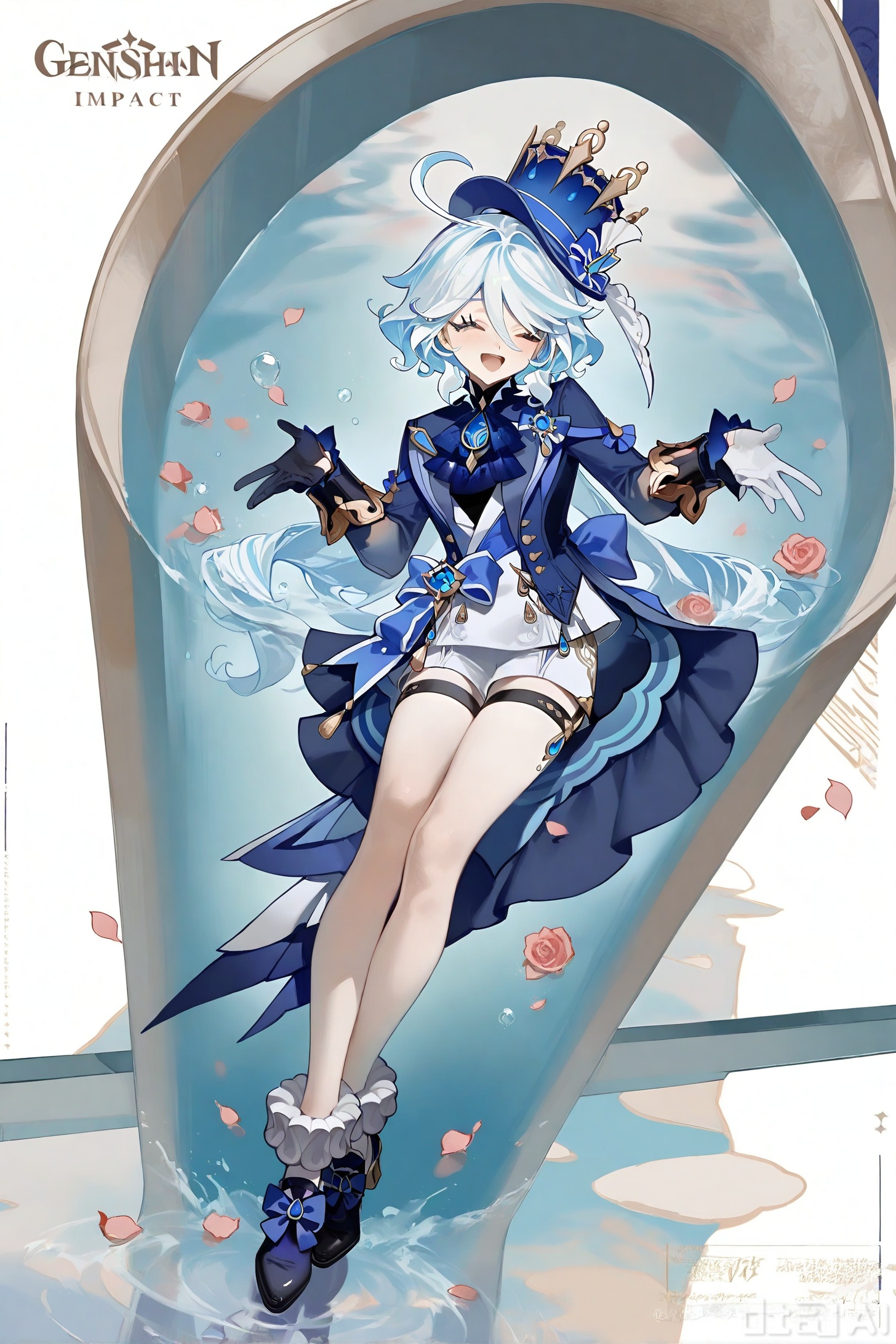 1girl, solo, smile, open mouth, gloves, hat, white background, blue hair, full body, closed eyes, flower, ahoge, male focus, multicolored hair, one eye closed, shorts, water, high heels, thigh strap, rose, blue headwear, light blue hair， Furina \(Genshin Impact\)