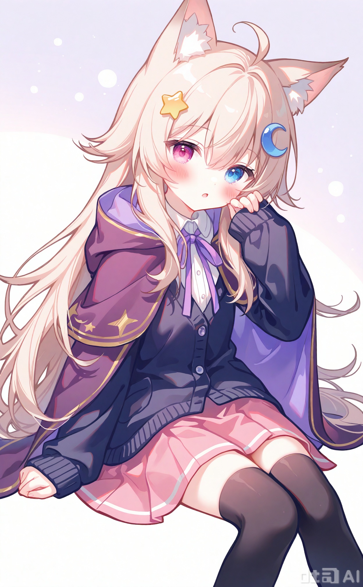  masterpiece,very aware,highres,absurdres,newest,best quality,loli,petite,high quality,chromatic_aberration,cinematic_angle,  1girl, animal ears, thighhighs, cardigan, crescent hair ornament, black cardigan, heterochromia, hair ornament, skirt, purple eyes, solo, long hair, black thighhighs, purple skirt, purple cape, sleeves past wrists, blonde hair, animal ear fluff, sitting, crescent, long sleeves, looking at viewer, star hair ornament, shirt, cape, white shirt, pleated skirt, hair between eyes, parted lips, white background, zettai ryouiki, cat ears, pink eyes, very long hair, blush, ahoge, puffy long sleeves, feet out of frame, collared shirt, cloak, puffy sleeves, simple background, cat girl, light brown hair, pink skirt, hood, star (symbol), virtual youtuber, purple ribbon, hand up, school uniform, miniskirt, purple cardigan, neck ribbon, ribbon, open cardigan, hood down, blue cardigan, purple capelet, fox ears, knees together feet apart, :o, fox girl, hooded cardigan, hooded cloak, open mouth, dress shirt, jacket, blue eyes, pinching sleeves, capelet