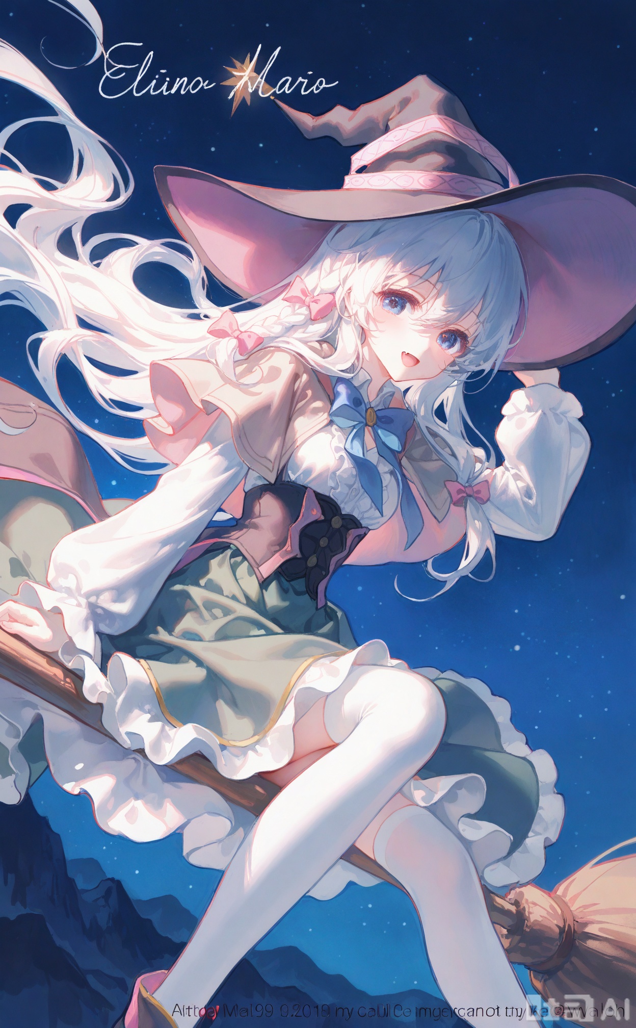 masterpiece,very aware,highres,absurdres,newest,best quality,loli,petite,high quality,chromatic_aberration,cinematic_angle,dutch angle, nyalia, //,artist:ciloranko,artist:ningen_mame,artist:sho_(sho_lwlw),artist:rhasta,artist:wlop,artist:ke-ta,artist:hiten \(hitenkei\),//, 
1girl, elaina (majo no tabitabi), witch hat, hat, thighhighs, solo, long hair, broom riding, witch, blue eyes, broom, braid, looking at viewer, hair between eyes, white hair, white thighhighs, smile, black headwear, skirt, white shirt, open mouth, shirt, frills, hand on headwear, frilled skirt, sidesaddle, capelet, :d, breasts, bow, star (sky), high-waist skirt, starry sky, single braid, night, feet out of frame, sky, very long hair, neck ribbon, sitting, ribbon, blue skirt, night sky, watermark, blue bow, floating hair, side braid, small breasts, white capelet, hand up, blush, hat ornament, blue ribbon, hair tubes, cleavage, hair bow, collared shirt, dress, center frills, artist name, medium breasts, green skirt, frilled shirt, underbust, twitter username, foot out of frame, adjusting headwear, blue background, cleavage cutout, knee up, fang, blue bowtie, happy birthday, green ribbon, clothing cutout, frilled dress, grey hair, english text, grey capelet, petticoat, purple ribbon, bowtie, purple bow, web address, adjusting clothes, sidelocks, dated, brooch, character name, hat ribbon