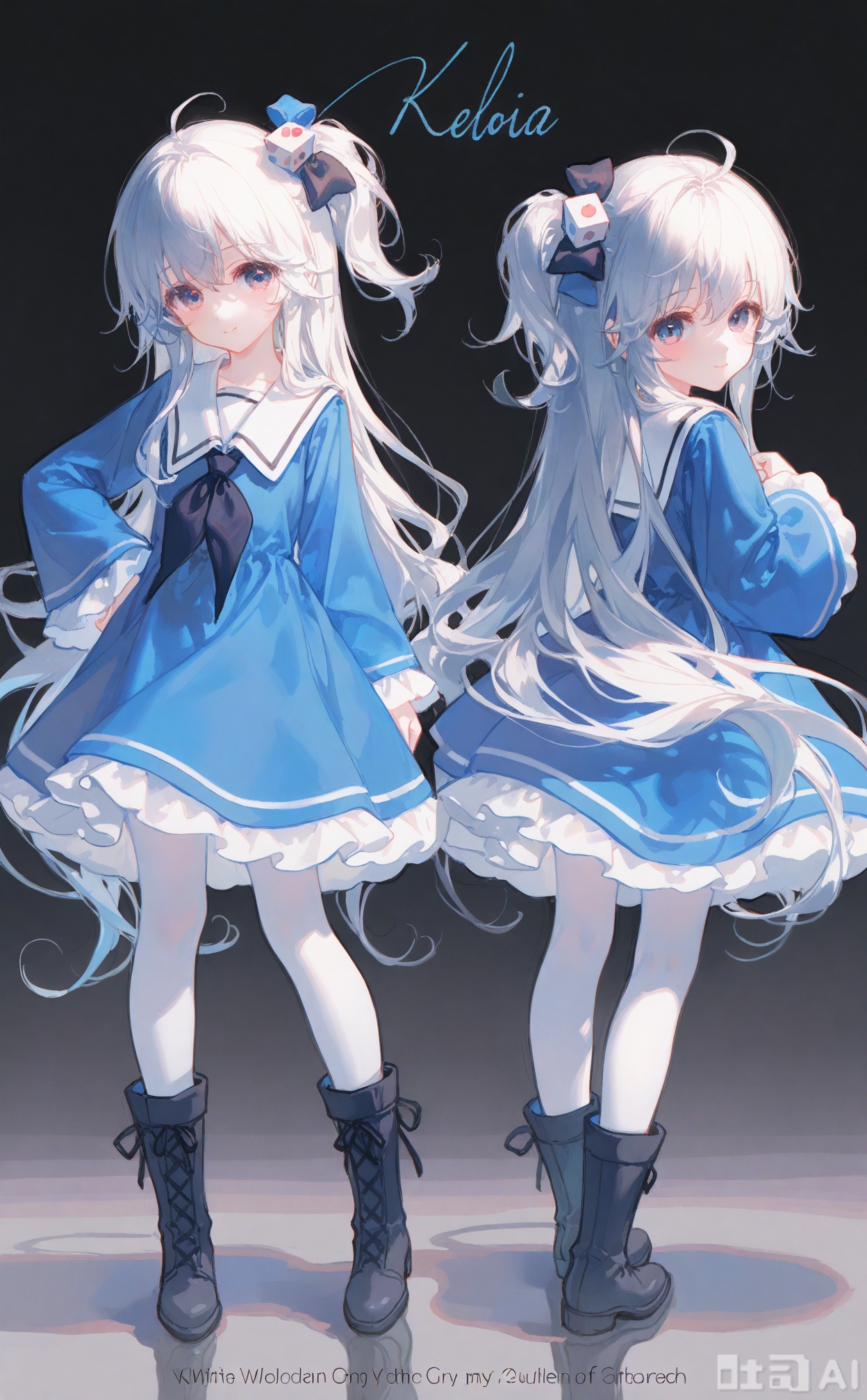 masterpiece,very aware,highres,absurdres,newest,best quality,loli,petite,high quality,chromatic_aberration,cinematic_angle,dutch angle, nyalia, //,artist:ciloranko,artist:ningen_mame,artist:sho_(sho_lwlw),artist:rhasta,artist:wlop,artist:ke-ta,artist:hiten \(hitenkei\),//, 
1girl, blue dress, dress, grey hair, long hair, pantyhose, bow, hair bow, frills, black neckerchief, boots, ahoge, multiple views, smile, blue eyes, neckerchief, long sleeves, frilled dress, white pantyhose, reflective floor, turnaround, sailor collar, hair ornament, frilled sleeves, white sailor collar, looking at viewer, grey footwear, one side up, closed mouth, grey background, sailor dress, blush, blue bow, standing, full body, reflection, multicolored eyes, gradient background, hand on own hip, from behind, very long hair, black footwear, short dress, cube hair ornament, virtual youtuber, sleeveless dress, shirt, black bow, ribbon, character name, reference sheet, hair between eyes, sleeveless, wide sleeves, gradient eyes, blue footwear, medium dress, legs apart, sidelocks, simple background, blue neckerchief, blue shirt, knee boots, child, grey theme, copyright name, sleeves past wrists, dress bow, side ponytail, dice hair ornament, pinafore dress, blue sleeves, borrowed character, serafuku, two-tone eyes, head tilt