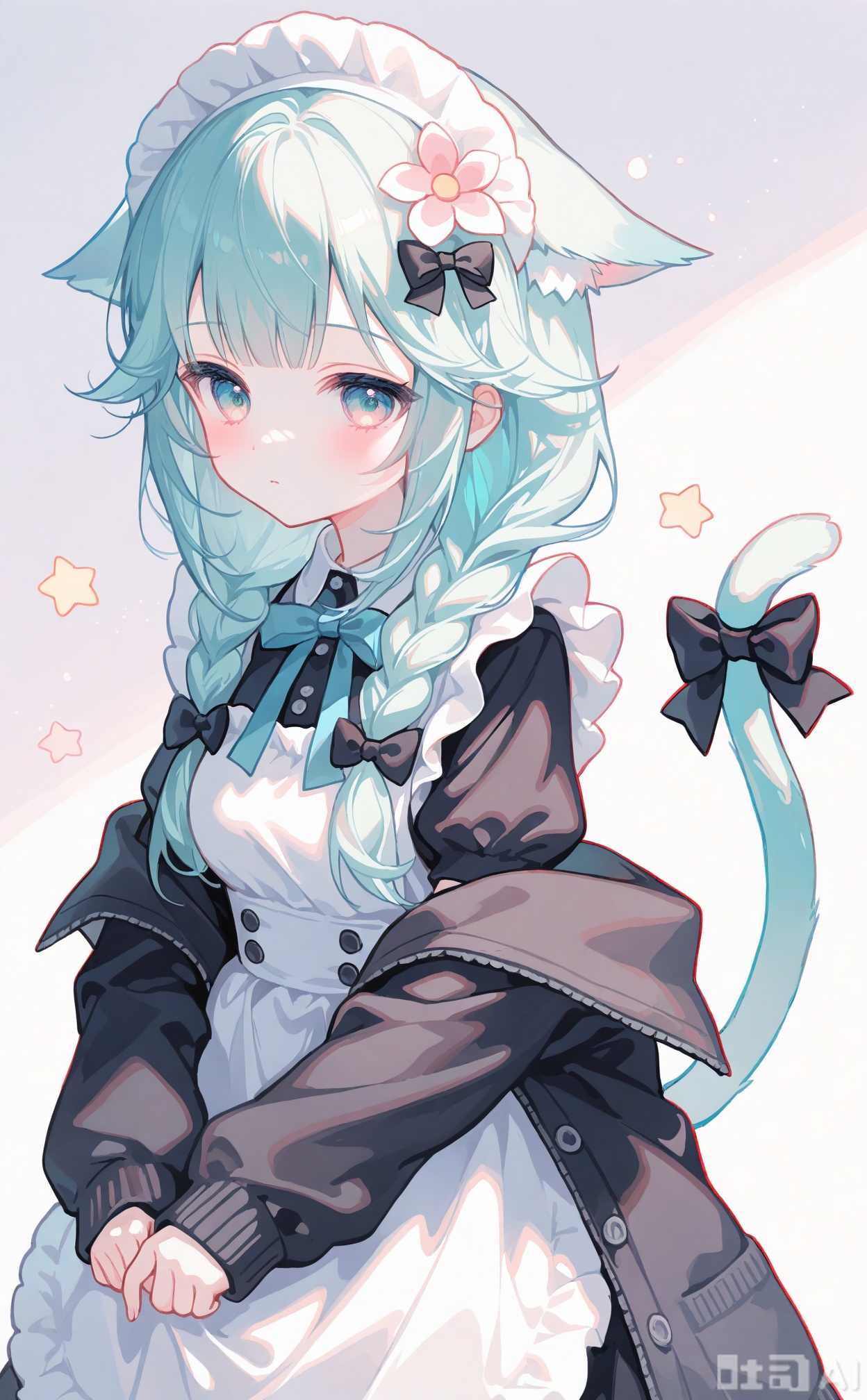  masterpiece,very aware,highres,absurdres,newest,best quality,loli,petite,high quality,chromatic_aberration,cinematic_angle,  1girl, animal ears, tail, solo, apron, braid, twin braids, maid headdress, maid, white background, white apron, looking at viewer, green eyes, cat tail, maid apron, frilled apron, frills, cat girl, simple background, bow, dress, long hair, blush, long sleeves, black dress, aqua hair, blunt bangs, virtual youtuber, open clothes, cat ears, low twin braids, tail ornament, short sleeves, jacket, animal ear fluff, flower, white bow, tail bow, open cardigan, puffy sleeves, breasts, open jacket, collared dress, ribbon, off shoulder, cardigan, neck ribbon, cowboy shot, aqua eyes, sleeves past wrists, hair ornament, black ribbon, hair bow, buttons, own hands together, hair flower, hair over shoulder, black jacket, closed mouth, gradient eyes, medium breasts, waist apron, black cardigan, blue bow, frilled dress, blue hair, star (symbol), tail raised, puffy short sleeves, extra ears, green hair, black bow, shirt, star hair ornament, dot mouth, multicolored eyes, twintails, expressionless, parted lips, bowtie, white headdress, puffy long sleeves, alternate costume, collared shirt, sidelocks, white flower, jacket partially removed, enmaided, green tail, light blue hair, white tail, fingernails, ears down, standing, floppy ears, light blush, pink flower, blue bowtie, hair flaps