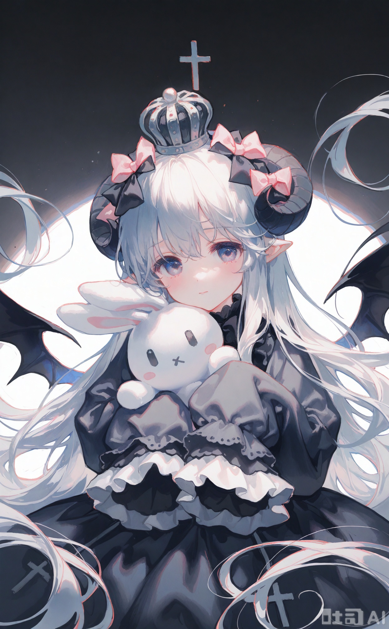 masterpiece,very aware,highres,absurdres,newest,best quality,loli,petite,high quality,chromatic_aberration,cinematic_angle,dutch angle, nyalia, //,artist:ciloranko,artist:ningen_mame,artist:sho_(sho_lwlw),artist:rhasta,artist:wlop,artist:ke-ta,artist:hiten \(hitenkei\),//, 
1girl, solo, wings, crown, stuffed rabbit, stuffed toy, long hair, cross, stuffed animal, bow, looking at viewer, horns, white hair, holding stuffed toy, black wings, hair bow, sleeves past wrists, latin cross, closed mouth, mini crown, blush, long sleeves, frilled sleeves, upper body, grey eyes, frills, demon wings, detached wings, hair between eyes, mini wings, gradient background, dress, purple bow, grey background, holding, bat wings, grey hair, white background, shirt, black horns, floating hair, grey dress, lolita fashion, hugging object, very long hair, demon horns, ribbon, simple background, purple eyes, grey theme, tombstone, black dress, hands up, sleeves past fingers, demon girl, muted color, straight-on, pink bow, :|, blue eyes, grey shirt, black bow, floating, hair ornament, sidelocks, frilled shirt, grey jacket, sweater