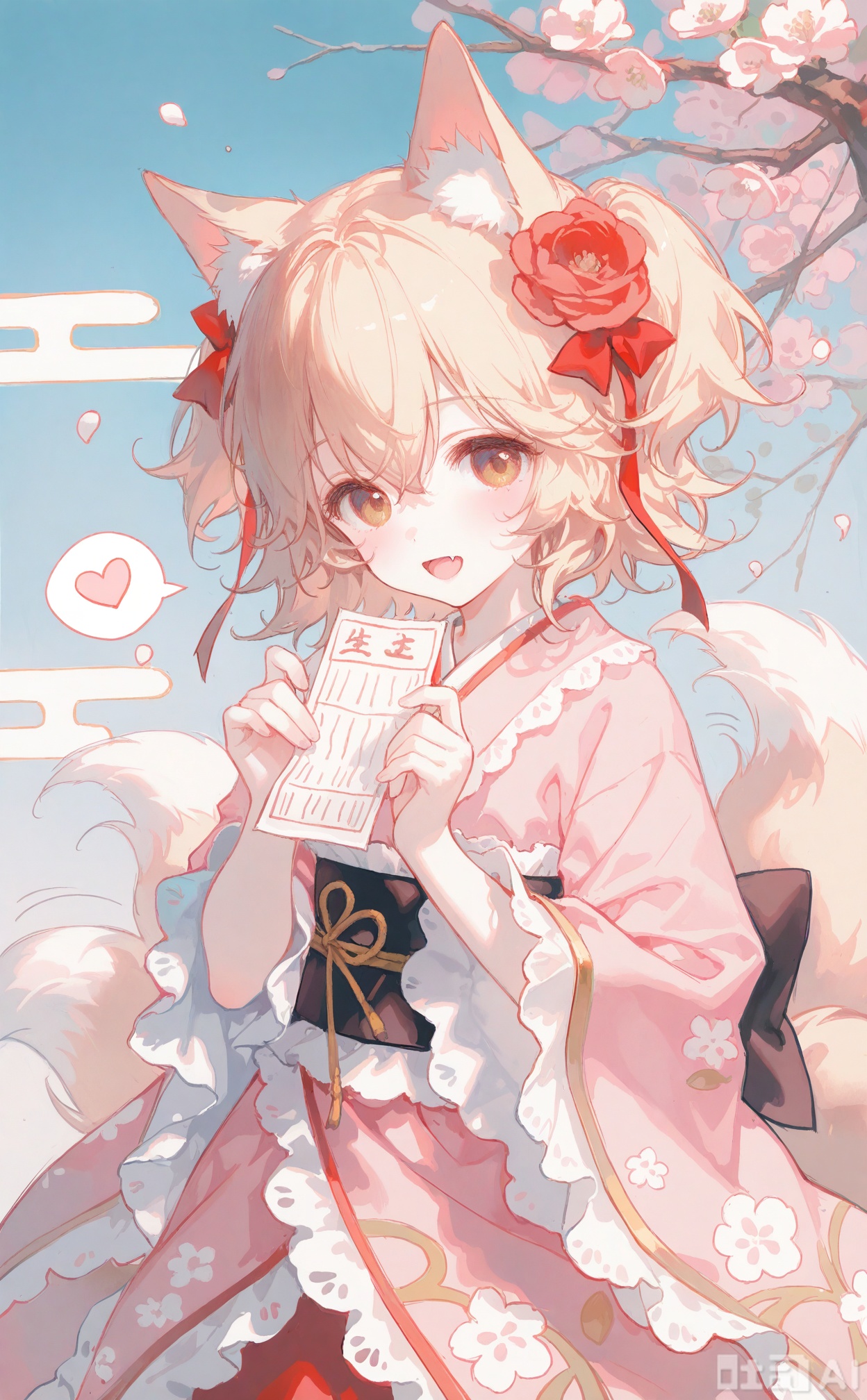 masterpiece,very aware,highres,absurdres,newest,best quality,loli,petite,high quality,chromatic_aberration,cinematic_angle,dutch angle, nyalia, //,artist:ciloranko,artist:ningen_mame,artist:sho_(sho_lwlw),artist:rhasta,artist:wlop,artist:ke-ta,artist:hiten \(hitenkei\),//, 
1girl, animal ears, japanese clothes, kimono, tail, blonde hair, solo, pink kimono, smile, frilled kimono, yellow eyes, frills, long sleeves, open mouth, sleeves past wrists, looking at viewer, :d, omikuji, hair ornament, fox ears, holding, floral print, blush, twintails, fox tail, hair flower, new year, frilled sleeves, flower, pinching sleeves, wide sleeves, egasumi, nengajou, animal ear fluff, print kimono, happy new year, branch, dog ears, fox girl, hair ribbon, chinese zodiac, frilled dress, floral print kimono, dog tail, tail wagging, bow, speech bubble, ribbon, holding paper, short hair, dog girl, fang, obi, hair between eyes, cherry blossoms, virtual youtuber, furisode, akeome, hands up, red flower, signature, cherry blossom print, sash, paper, wa lolita, light brown hair, two side up, medium hair, pink dress, dress, brown eyes, cowboy shot, hair bow, short twintails, multiple tails, food, crossed bangs, ema, red ribbon