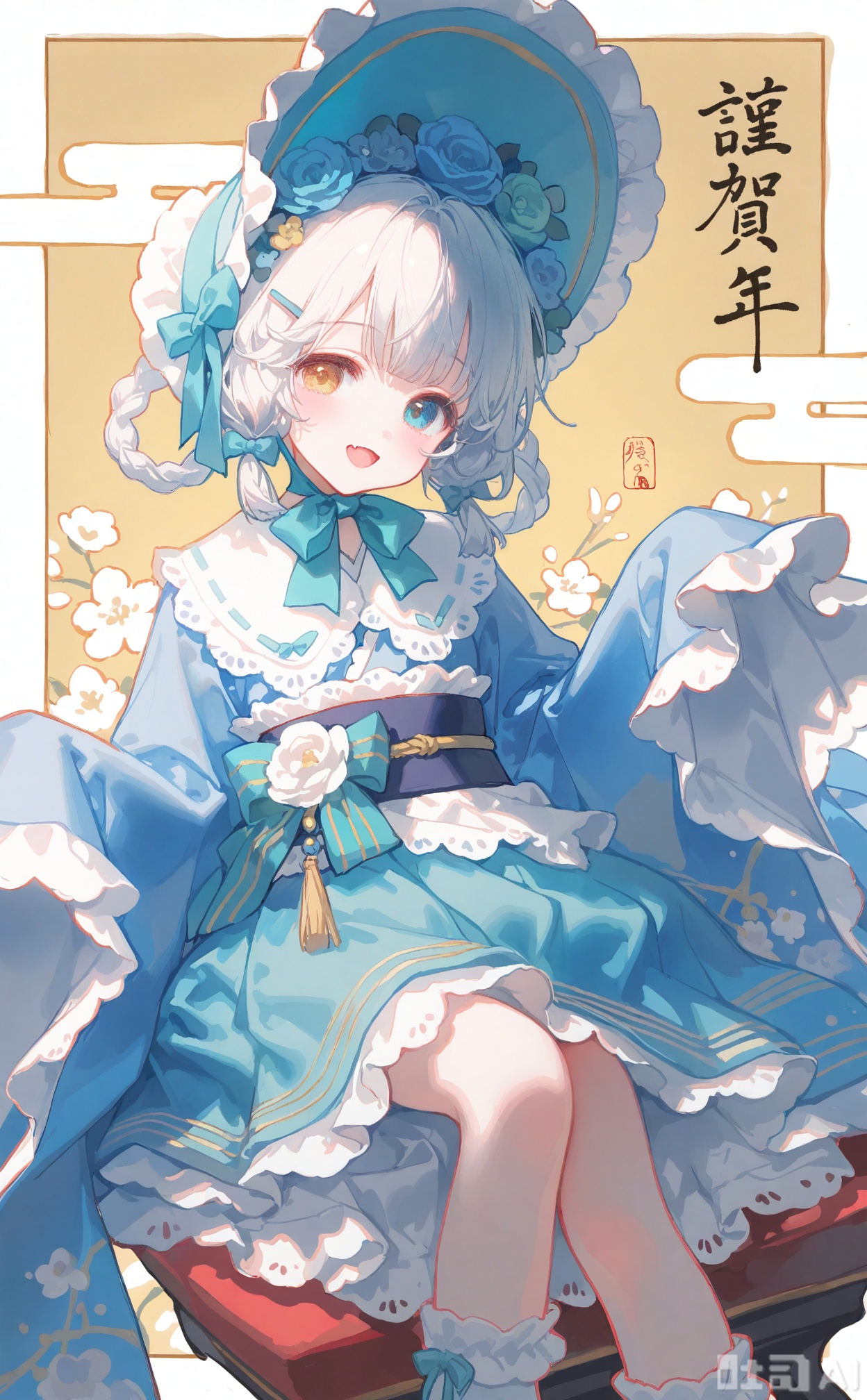 masterpiece,very aware,highres,absurdres,newest,best quality,loli,petite,high quality,chromatic_aberration,cinematic_angle,dutch angle, nyalia, //,artist:ciloranko,artist:ningen_mame,artist:sho_(sho_lwlw),artist:rhasta,artist:wlop,artist:ke-ta,artist:hiten \(hitenkei\),//, 
1girl, heterochromia, bonnet, yellow eyes, gloves, frills, japanese clothes, hair ornament, open mouth, white gloves, solo, frilled kimono, flower, fang, kimono, blue eyes, wa lolita, lolita fashion, frilled sleeves, blue kimono, 2024, skirt, skin fang, blush, wide sleeves, frilled gloves, bow, looking at viewer, egasumi, happy new year, hair flower, braid, socks, white socks, new year, hairclip, braided hair rings, blonde hair, smile, checkered clothes, aqua skirt, blunt bangs, hair rings, twin braids, frilled skirt, frilled headwear, claw pose, blue bow, kimono skirt, pleated skirt, beads, white hair, hair bow, long sleeves, waist bow, blue flower, short hair, aqua headwear, green bow, obi, white flower, frilled socks, :d, sash, ribbon, rose, nengajou, grey hair, striped bow, frilled bow, green flower, aqua eyes, aqua bow, sleeves past wrists, blue footwear, hand up, hat flower, feet out of frame, sleeves past fingers, white headwear, floral background, frilled hat, year of the dragon, floral print, kanzashi, lace trim, long hair, blue rose, blue skirt, furisode, hat