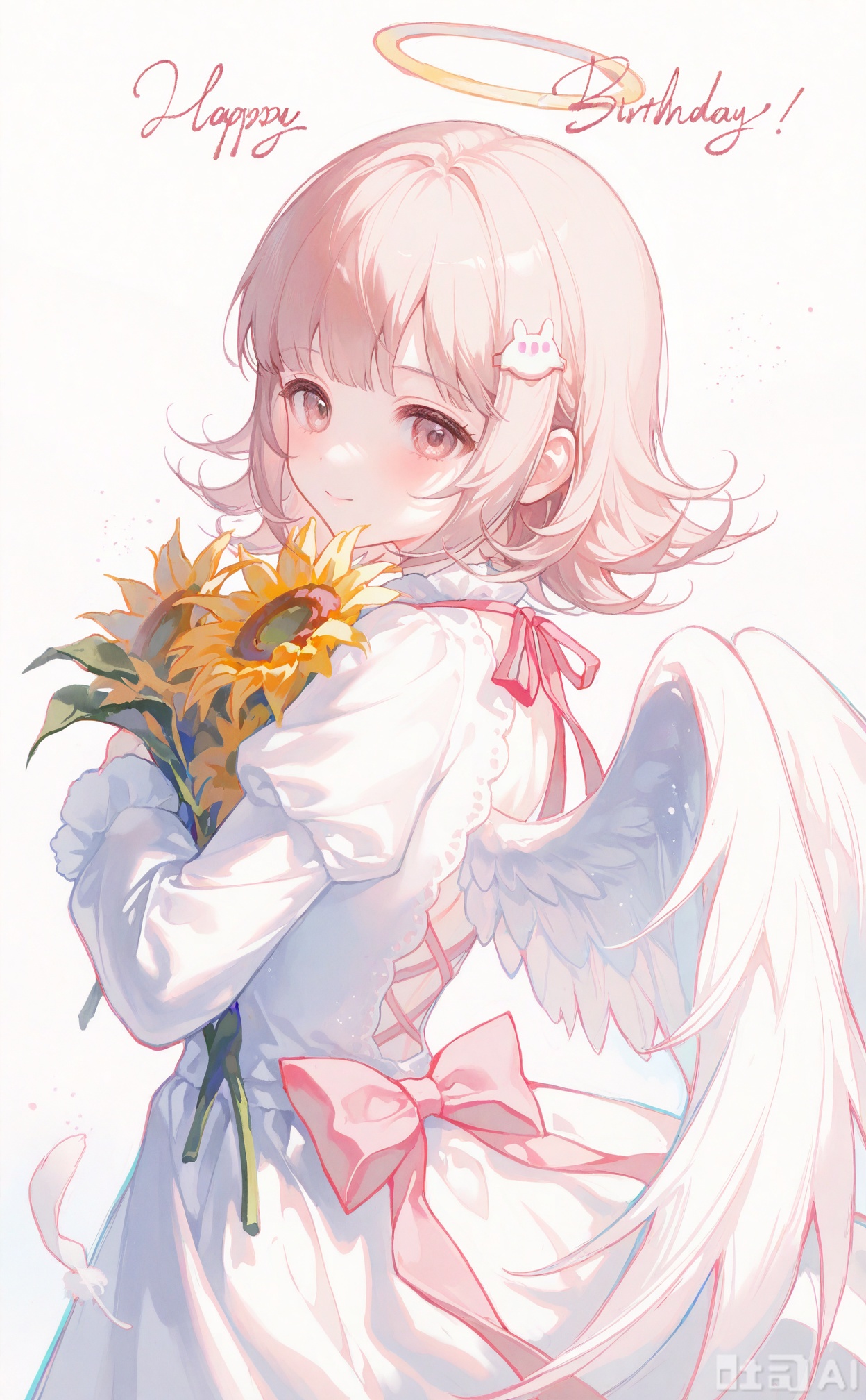  masterpiece,very aware,highres,absurdres,newest,best quality,loli,petite,high quality,chromatic_aberration,cinematic_angle,  1girl, nanami chiaki, flower, hair ornament, solo, happy birthday, wings, dress, sunflower, smile, bouquet, white flower, halo, medium hair, white dress, hair flower, alternate costume, feathered wings, alternate hair ornament, looking at viewer, angel wings, white wings, holding, from side, holding bouquet, yellow flower, brown hair, pink eyes, flipped hair, dated, angel, long sleeves, feathers, white rose, back cutout, white background, light brown hair, rose, clothing cutout, daisy, closed mouth, blunt bangs, simple background, hugging object, sunflower hair ornament, looking back, looking to the side, short hair, green flower, holding flower, brown eyes, hairclip, blush, white feathers, english text, ribbon, cowboy shot, puffy sleeves, bow, from behind, spaceship hair ornament, character name, backless dress, light particles, upper body, mini wings