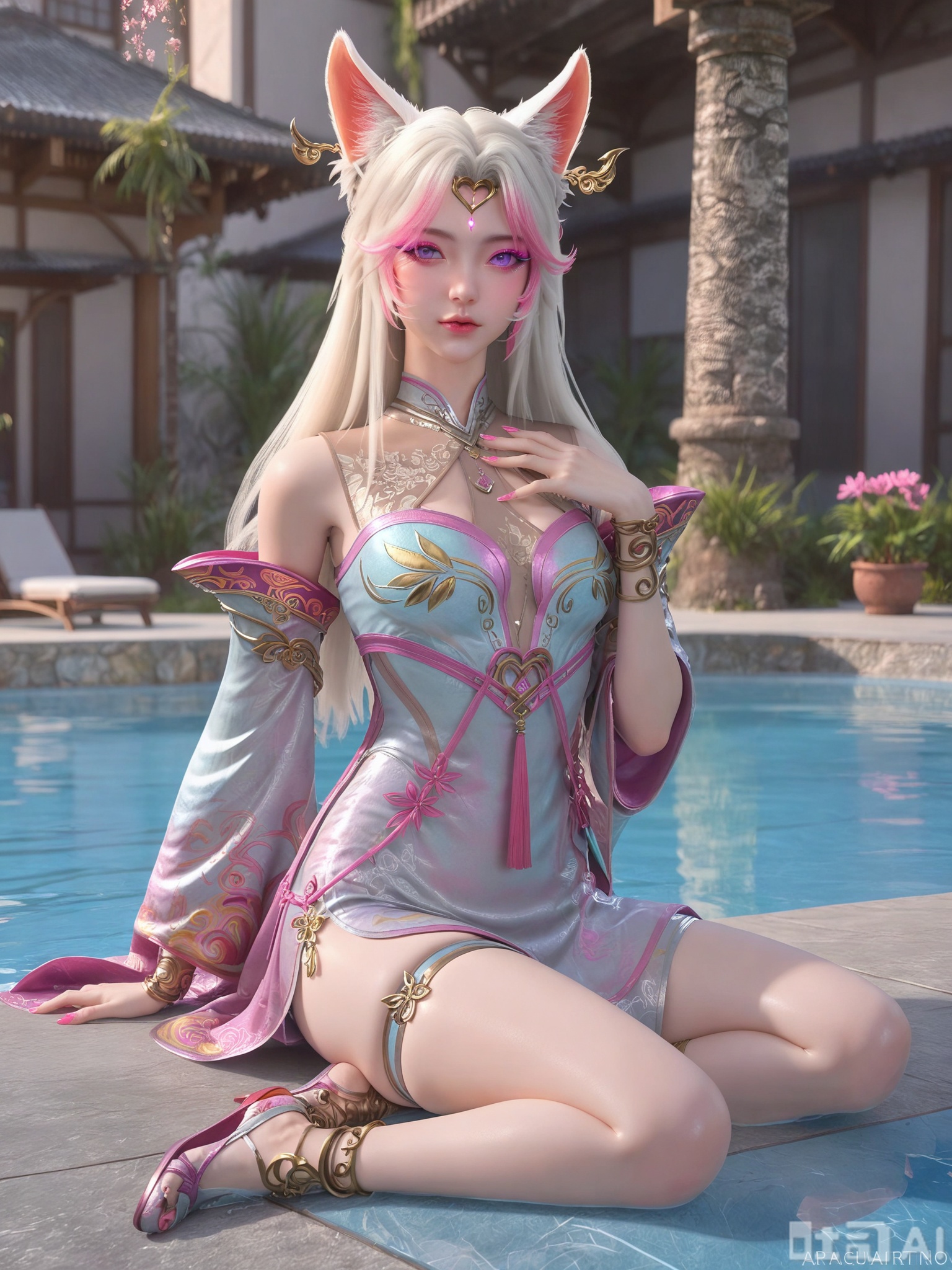 score_9,score_8_up,score_7_up,realistic,photorealistic rendering,1girl,skinny,looking_at_viewer,Vivid Colors,insanely intricate details,bright environment,pool,peach blossom,delicate water,hair_ornament,glowing,shiny,shiny skin,shiny hair,reflection,dress,extreme detail description,dynamic posture,(upper body:0.3),put one hand on your chest,long_hair,(skindentation:1.3),bright,sunshine on face,(pale_skin:1.3),sitting_down,anklet,Light pink nails,gem,metal texture,purple eyes,
