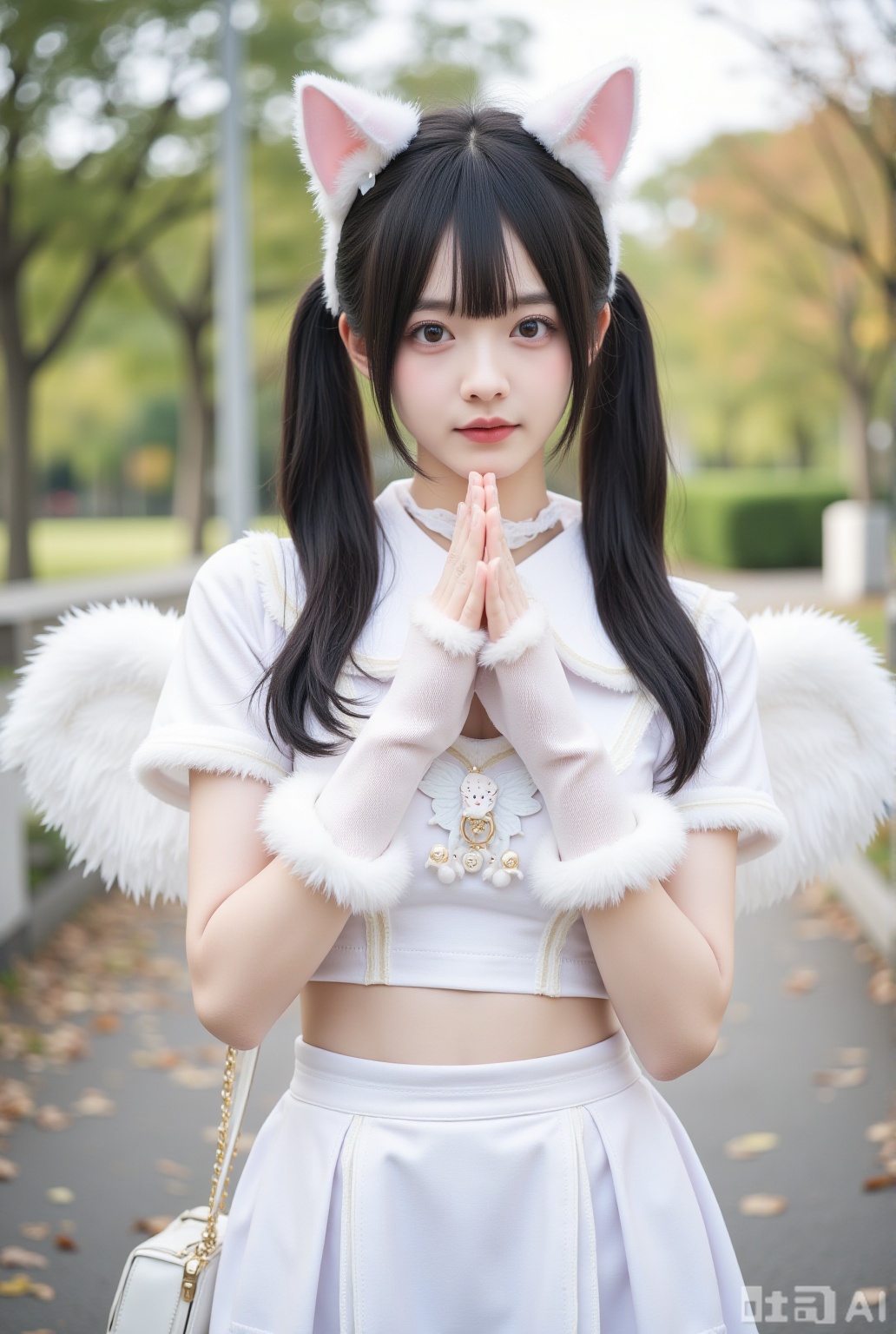 1girl,solo,long hair,looking at viewer,shirt,skirt,black hair,gloves,animal ears,twintails,white shirt,short sleeves,outdoors,cowboy shot,wings,choker,midriff,cat ears,nail polish,bag,blurry,black eyes,crop top,fur trim,lips,fake animal ears,blurry background,depth of field,white skirt,own hands together,realistic,fake wings,asian,photorealistic