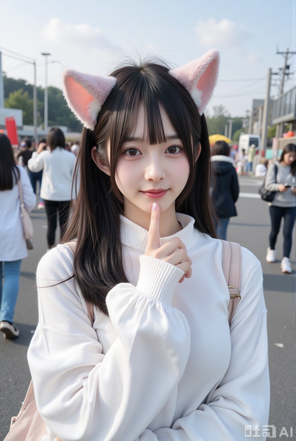 1girl,long hair,looking at viewer,smile,shirt,multiple girls,brown hair,black hair,long sleeves,holding,animal ears,closed mouth,brown eyes,white shirt,upper body,outdoors,sky,solo focus,day,cat ears,black eyes,lips,fake animal ears,realistic,camera,people,finger to own chin,asian
