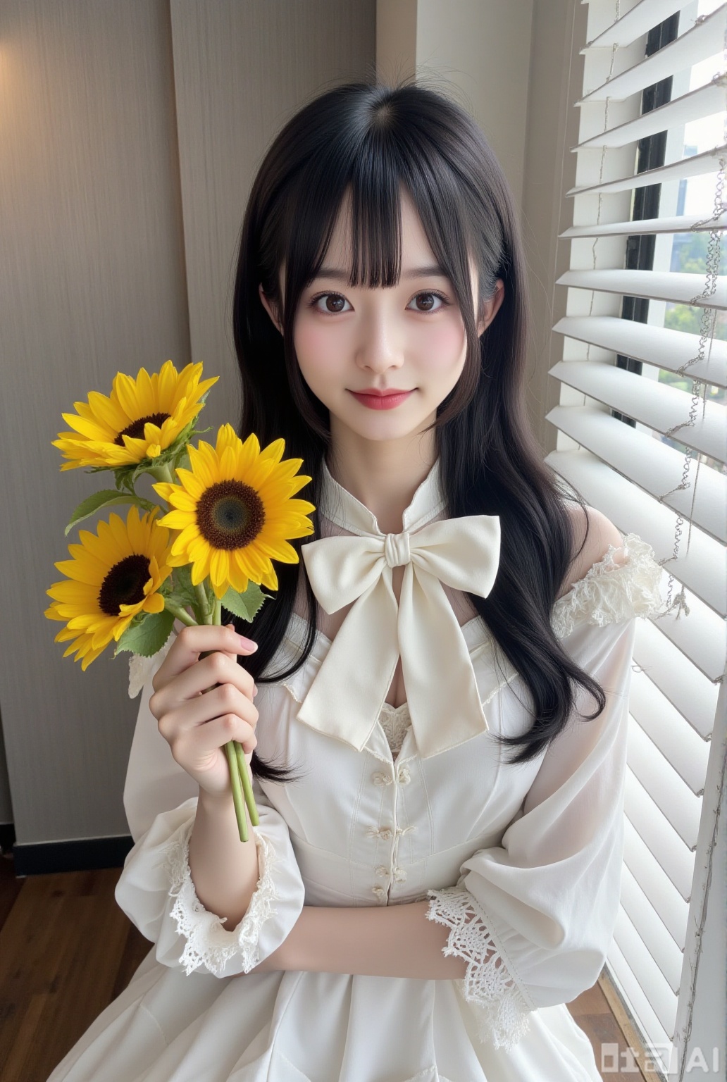 1girl,solo,long hair,looking at viewer,smile,black hair,long sleeves,dress,holding,bow,closed mouth,upper body,flower,blunt bangs,white dress,black eyes,lips,head tilt,white bow,realistic,holding flower,sunflower,window blinds,asian