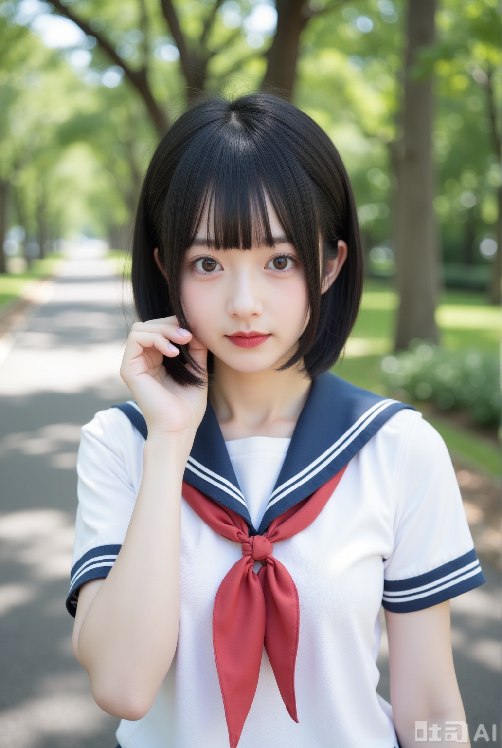 1girl,solo,looking at viewer,short hair,shirt,black hair,closed mouth,school uniform,white shirt,upper body,short sleeves,outdoors,day,serafuku,hand up,blunt bangs,sailor collar,blurry,black eyes,neckerchief,lips,blurry background,depth of field,bob cut,blue sailor collar,red neckerchief,realistic,red lips,asian