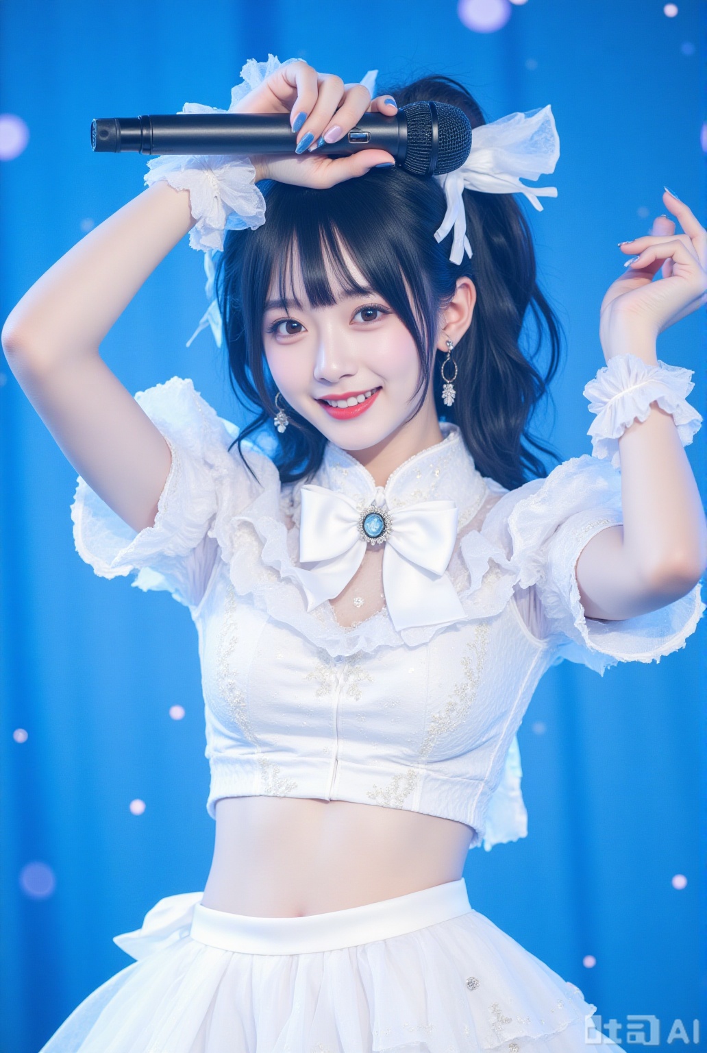 1girl,solo,smile,blue eyes,shirt,skirt,black hair,holding,bow,jewelry,blue hair,short sleeves,midriff,blunt bangs,nail polish,arms up,wrist cuffs,blue background,white skirt,white bow,microphone,blue nails,realistic,red lips,holding microphone,voice actor,asian,k-pop