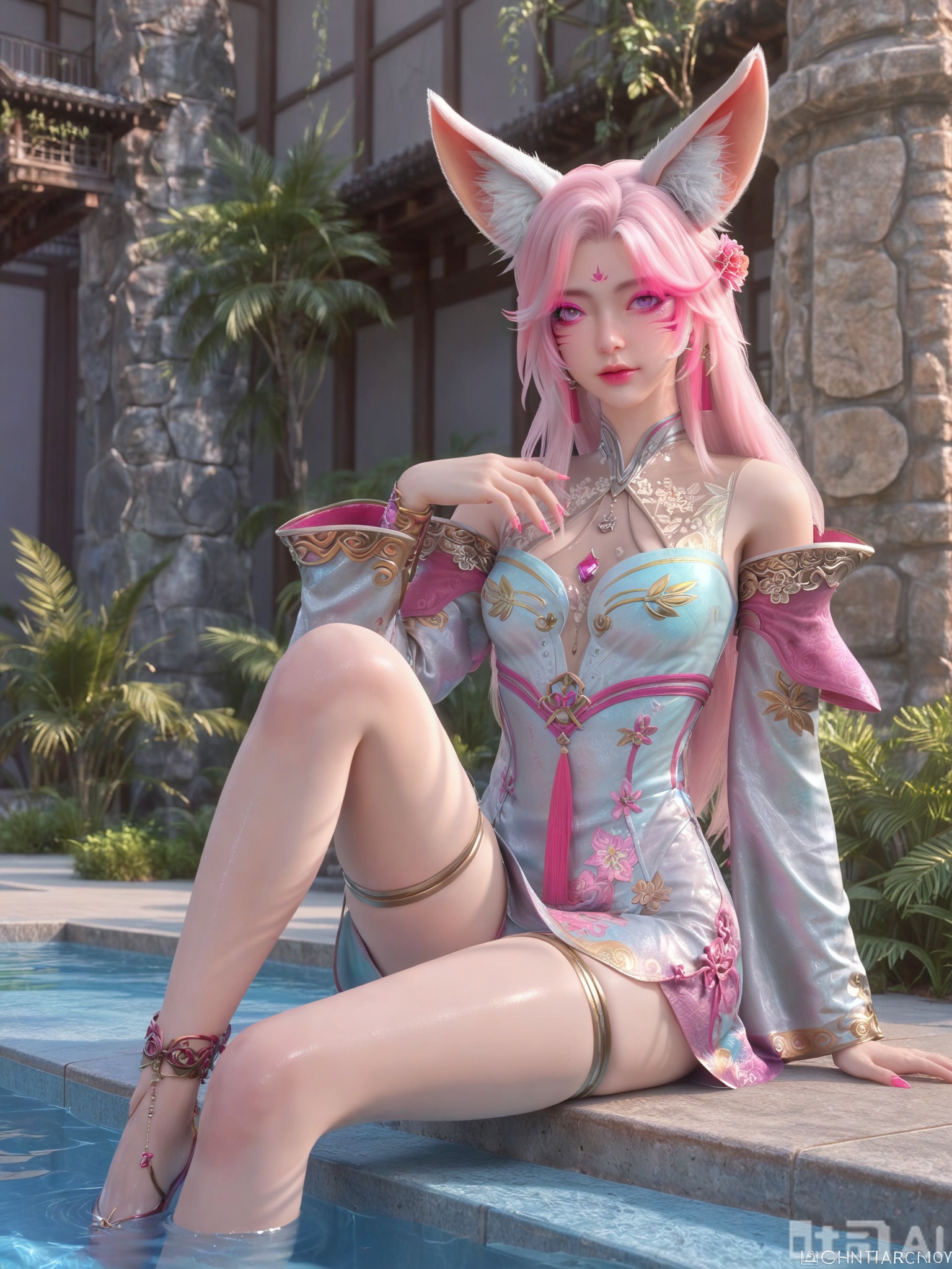 score_9,score_8_up,score_7_up,realistic,photorealistic rendering,1girl,skinny,looking_at_viewer,Vivid Colors,insanely intricate details,bright environment,pool,peach blossom,delicate water,shiny,shiny skin,shiny hair,reflection,dress,extreme detail description,dynamic posture,(upper body:0.3),put one hand on your chest,long_hair,(skindentation:1.3),bright,sunshine on face,(pale_skin:1.3),sitting_down,anklet,Light pink nails,gem,metal texture,facial_mark,fox ears,