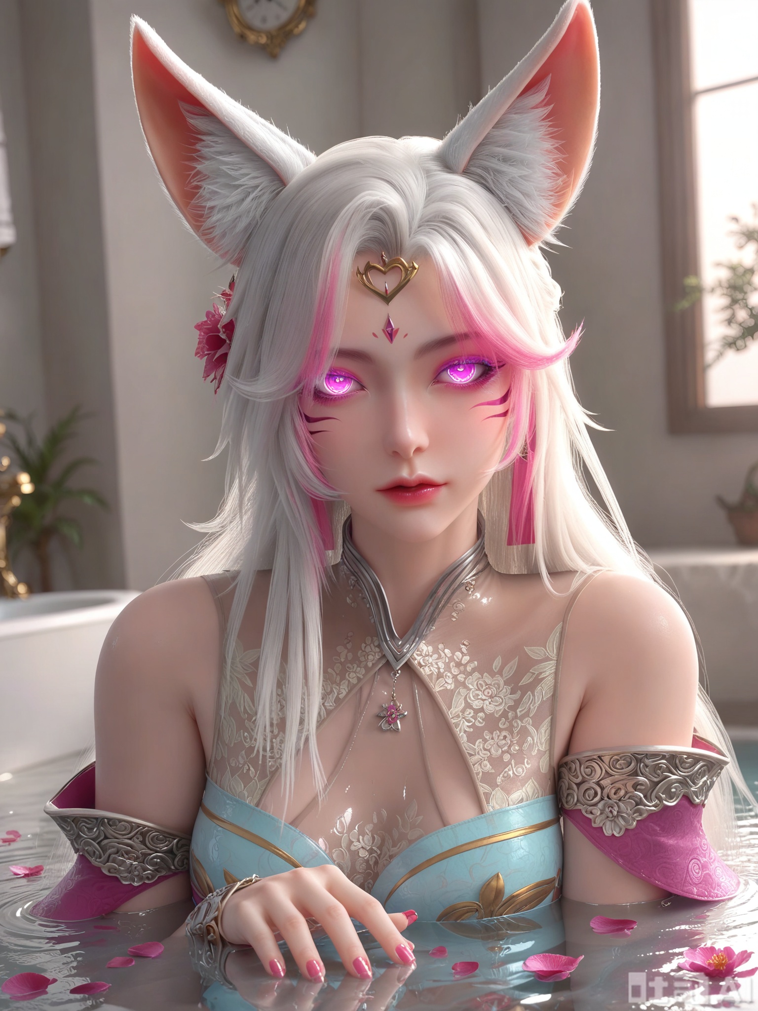 score_9,score_8_up,score_7_up,1girl,looking_at_viewer,realistic,1girl,Vivid Colors,bright environment,delicate water,hair_ornament,shiny skin,shiny hair,reflection,(wariza:1.2),dress,jewelry,flower sea,falling petals,extreme detail description,(upper body:0.4),put one hand on your side,long_hair,(skindentation:1.3),Fishnet stockings,bright,sunshine on face,facial_mark,fox ears,glowing eyes,Indoor bath,Indoor bath,bathroom,shiny,Metallic texture,Metallic texture,Magical light effects,