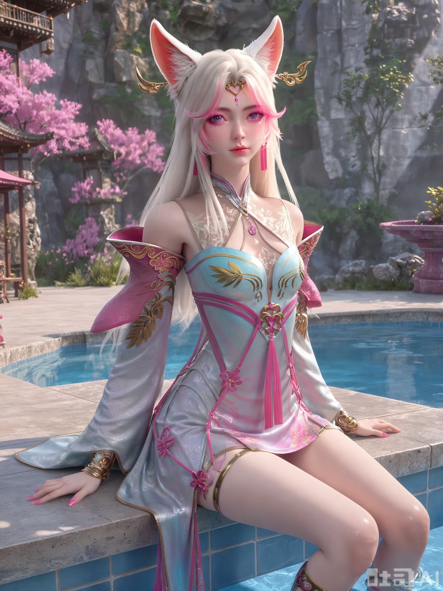 score_9,score_8_up,score_7_up,realistic,photorealistic rendering,1girl,skinny,looking_at_viewer,Vivid Colors,insanely intricate details,bright environment,pool,peach blossom,delicate water,hair_ornament,glowing,shiny,shiny skin,shiny hair,reflection,dress,extreme detail description,dynamic posture,(upper body:0.3),put one hand on your chest,long_hair,(skindentation:1.3),bright,sunshine on face,(pale_skin:1.3),sitting_down,anklet,Light pink nails,gem,metal texture,purple eyes,