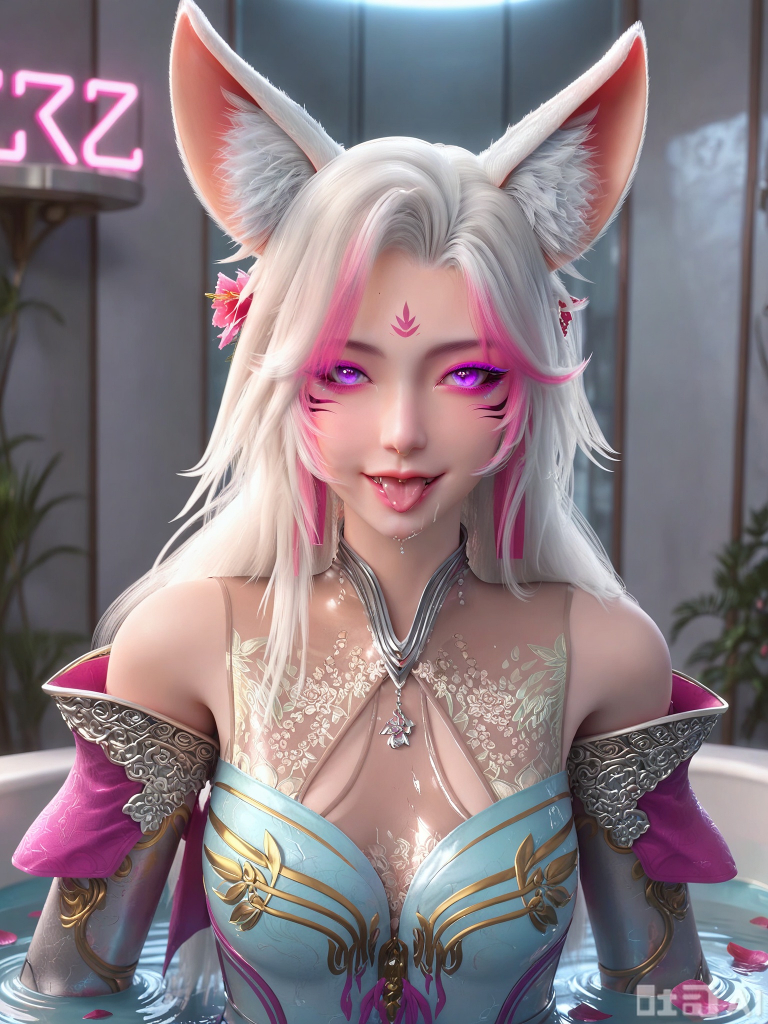 score_9,score_8_up,score_7_up,1girl,looking_at_viewer,realistic,1girl,Vivid Colors,bright environment,delicate water,shiny skin,shiny hair,reflection,(wariza:1.2),dress,jewelry,flower sea,falling petals,extreme detail description,(upper body:0.4),put one hand on your side,long_hair,(skindentation:1.3),Fishnet stockings,bright,sunshine on face,facial_mark,fox ears,Indoor bath,Indoor bath,bathroom,shiny,Metallic texture,Metallic texture,Magical light effects,bright_pupils,bright background,neon sign reflections on wet asphalt,Radiant,visible canines,one eye winking,tongue slightly out,shy smile with faintly visible upper canine,